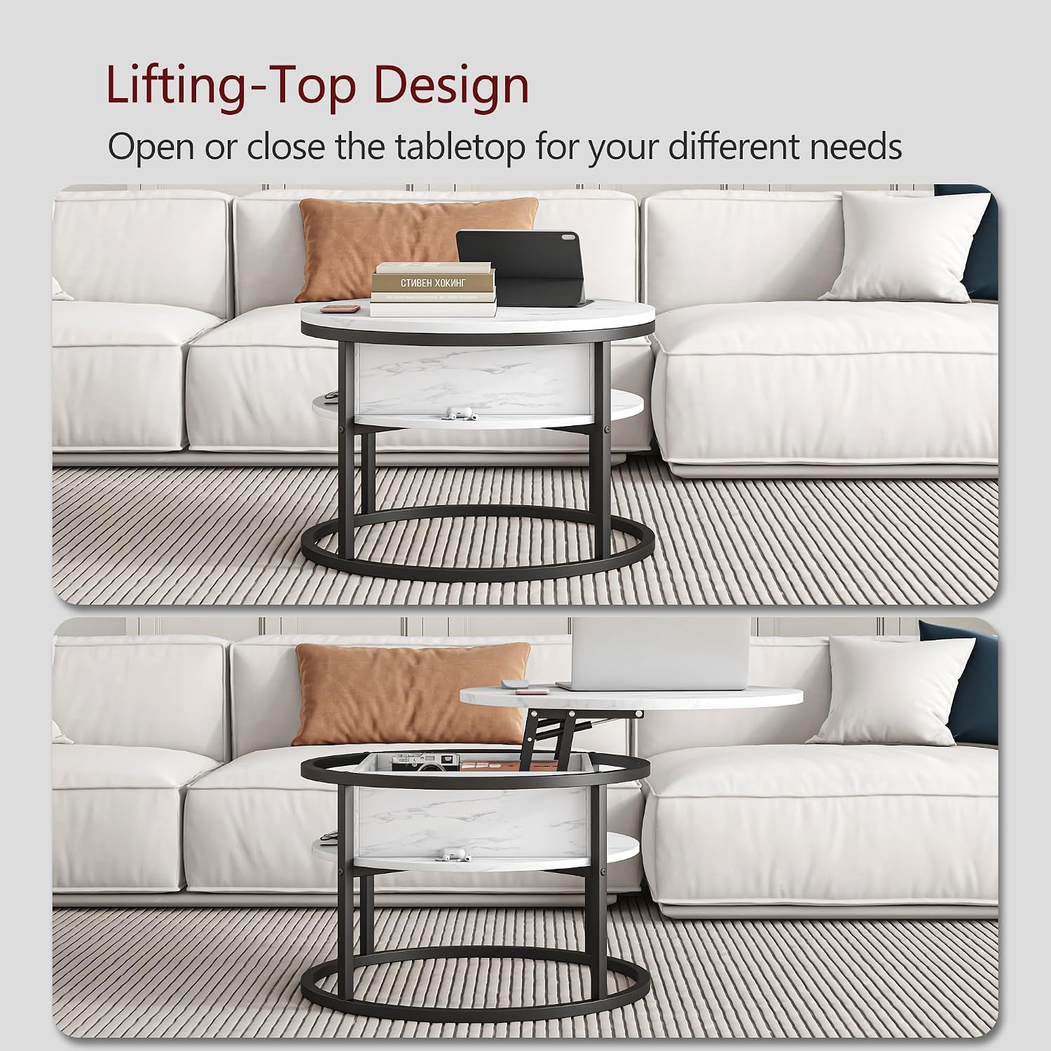 HOJINLINERO Round Coffee Table with Storage, Lift Top Coffee Table with Hidden Compartment, Farmhouse Juxing Design for Living Room, 2-Tier Small Round Dining Center, White