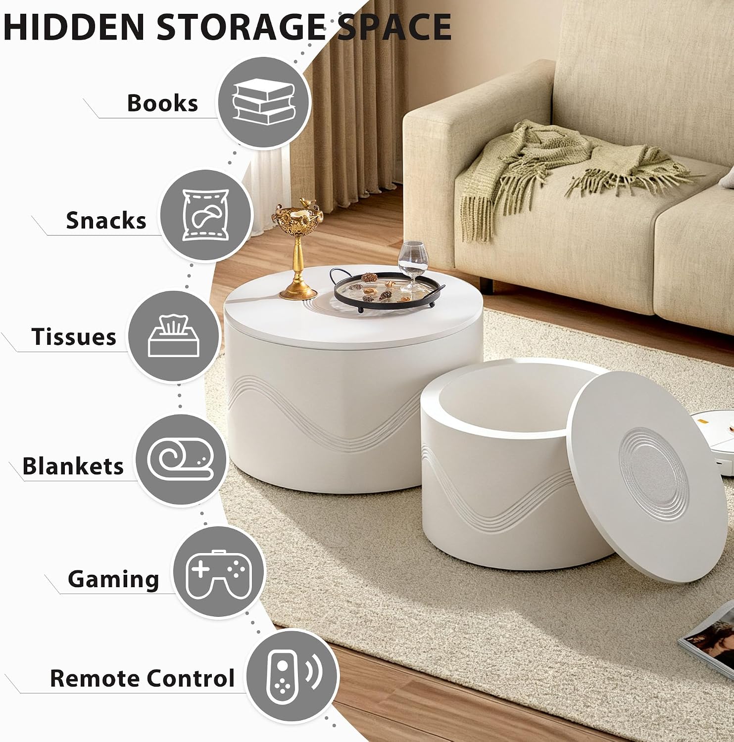 Round Nesting Coffee Table Set of 2, White Modern Coffee Table with Hidden Storage, Circle Coffee Tables for Living Room, No-Assembly Space-Saving Center Table End Side Table for Home Office