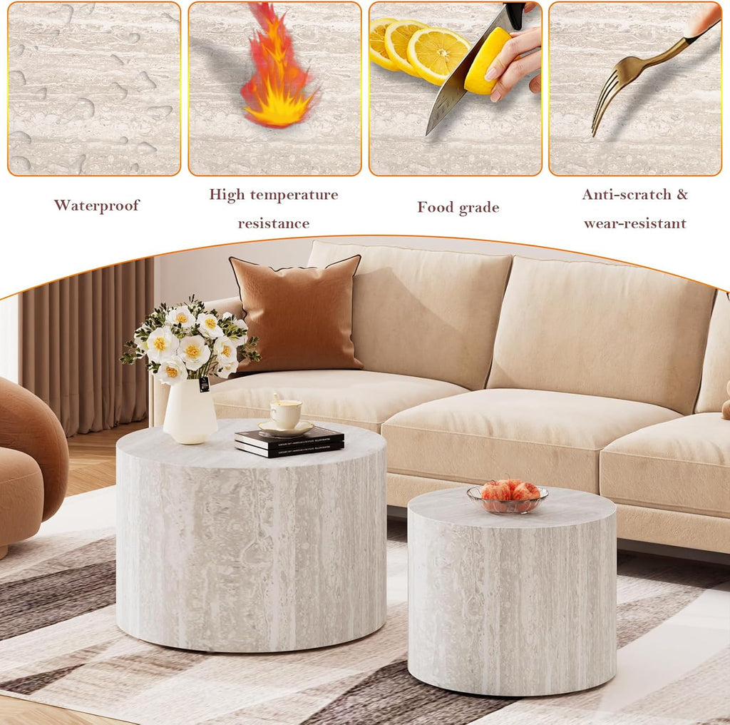 Round Nesting Coffee Table Modern Circular Small Nested End Table - Chic Wood Texture Veneer for Living Room Balcony Study (G 18.1+14.6in)