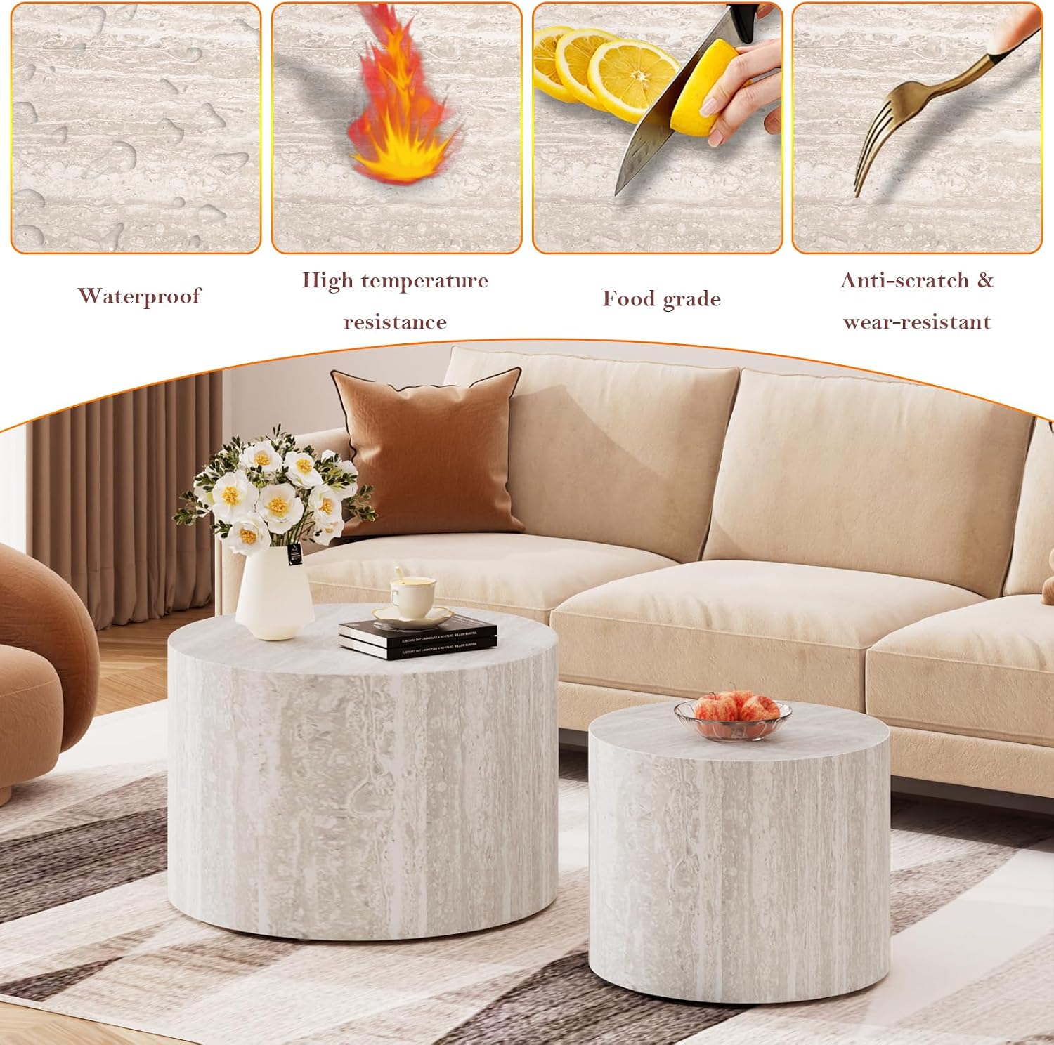 Round Nesting Coffee Table Modern Circular Small Nested End Table - Chic Wood Texture Veneer for Living Room Balcony Study (G 18.1+14.6in)