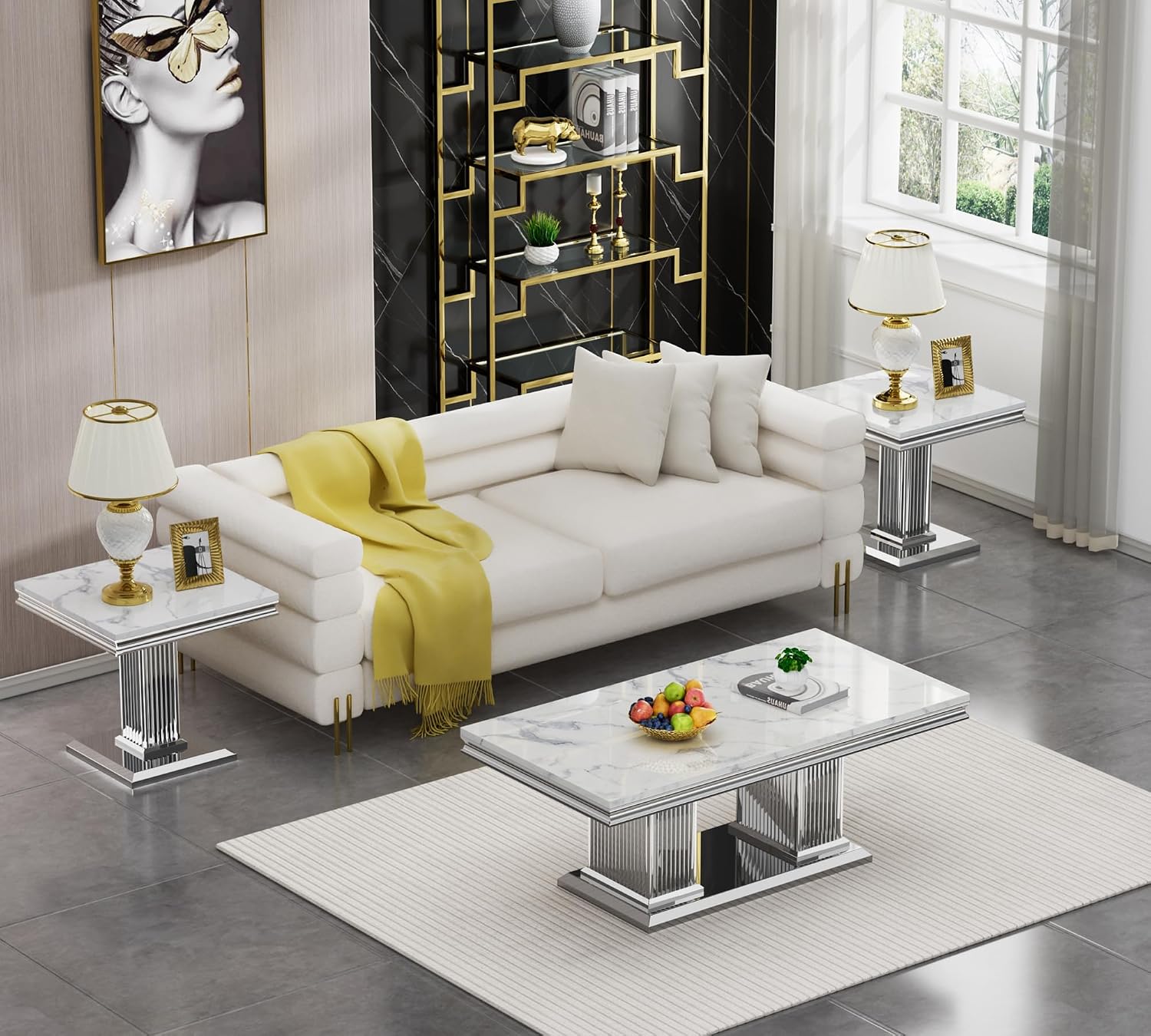 3 Pieces Coffee Table Set, Faux Marble Living Room Table Set of 3, Modern Coffee Table and 2 End Tables with Column-Shaped Stainless Steel Base for Living Room Office (White Silver)