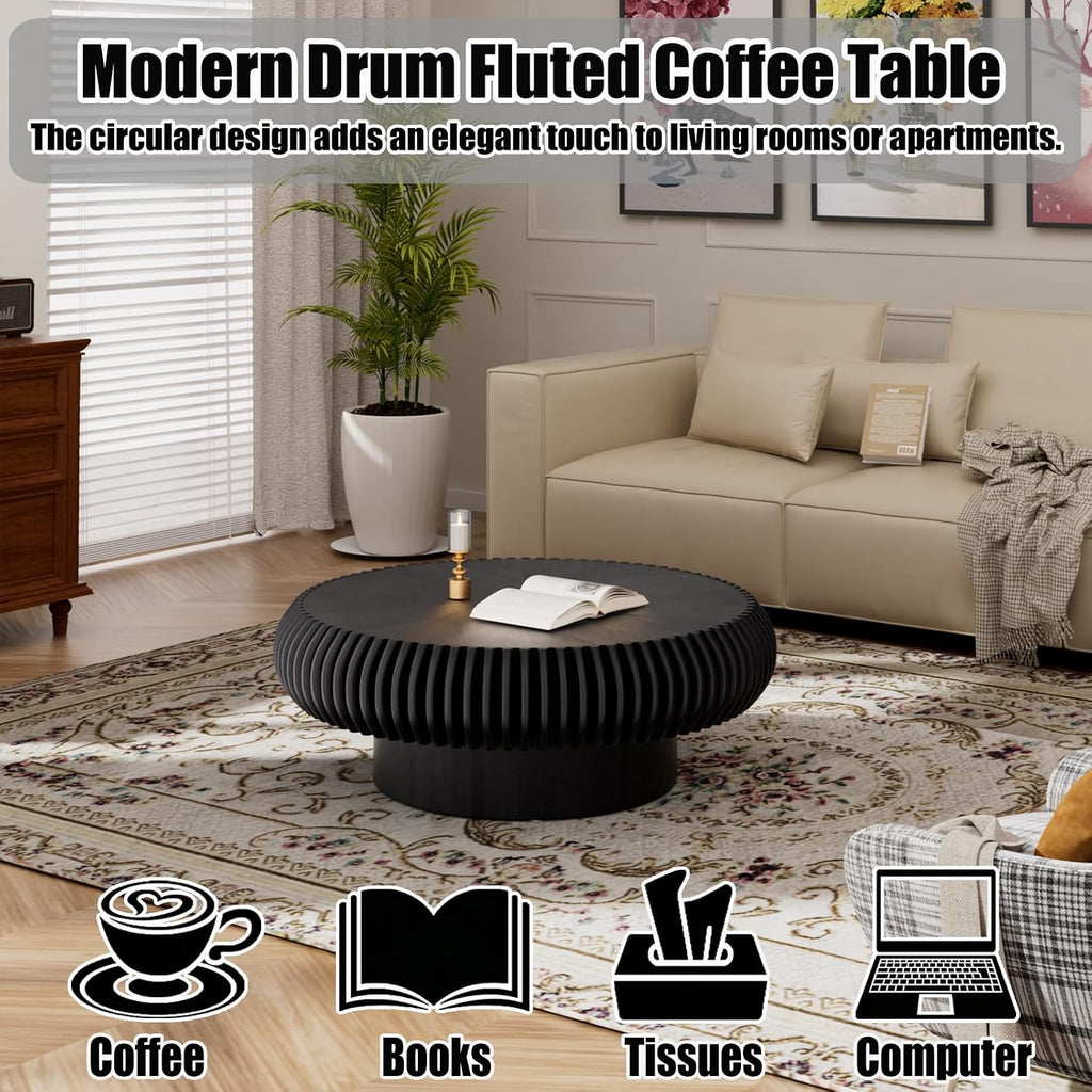 31.5' Round Drum Coffee Table, Modern Fluted Coffee Tables with Solid Wood Veneer, Wooden Circle Center Table for Living Room, Small Spaces, and Apartments, Easy Assembly