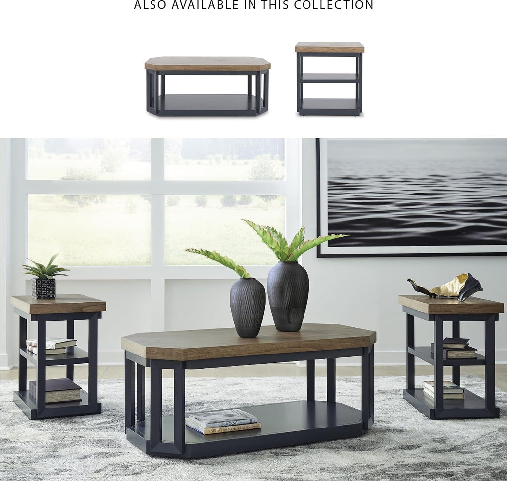 Signature Design by Ashley Landocken Contemporary Occasional Table Set with Open Shelves and Casters, Set of 3, Light Brown & Blue
