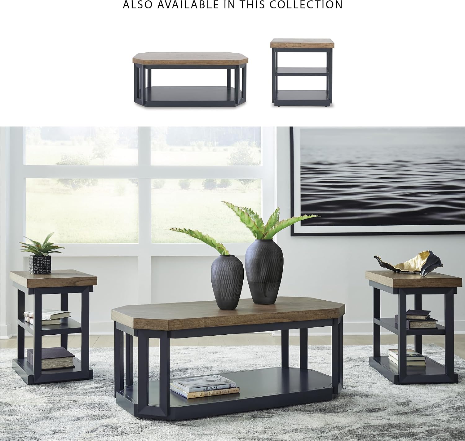 Signature Design by Ashley Landocken Contemporary Occasional Table Set with Open Shelves and Casters, Set of 3, Light Brown & Blue