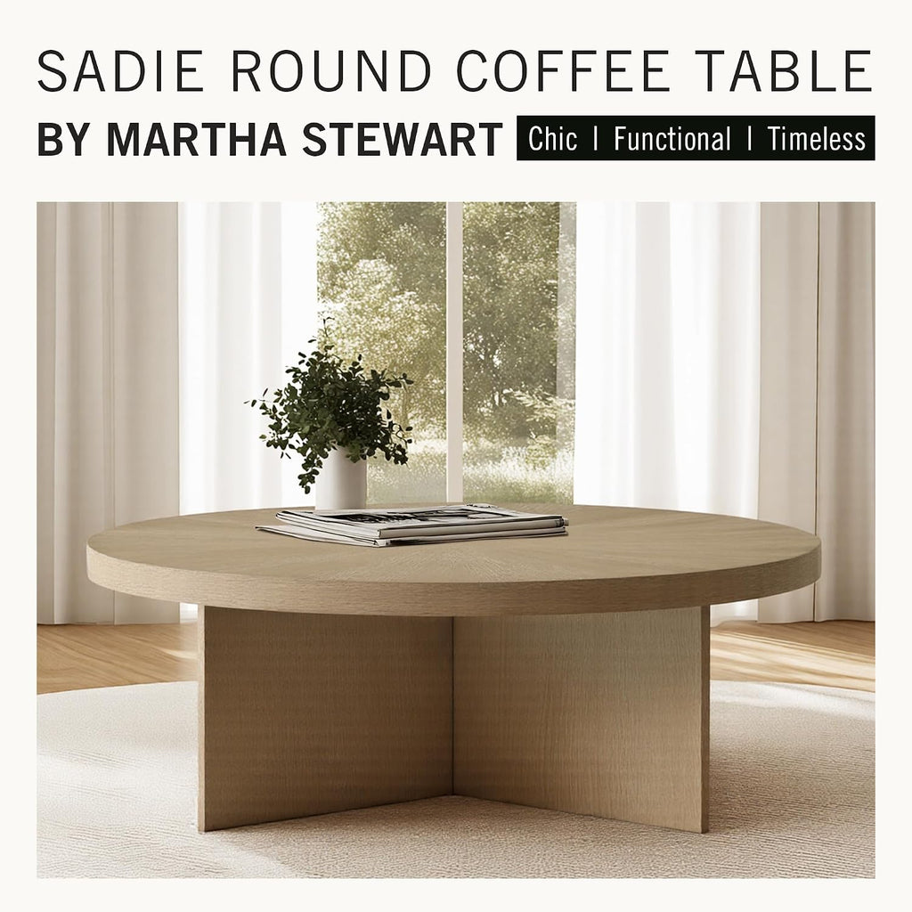 Martha Stewart Sadie Round Coffee Table – Starburst Veneer Top, Reclaimed Greige Wood Finish, Modern Accent for Living Room, Lounge, or Sitting Area, 36' Dia x 16.5' H