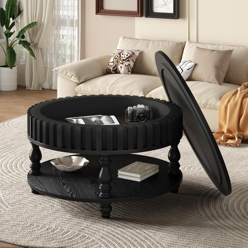 31.49'' Round Coffee Table with Storage Space, 2-Tier Modern Rustic Wood Circle Fluted Coffee Table for Living Room, Moveable Table Top & Easy Assembly, Black