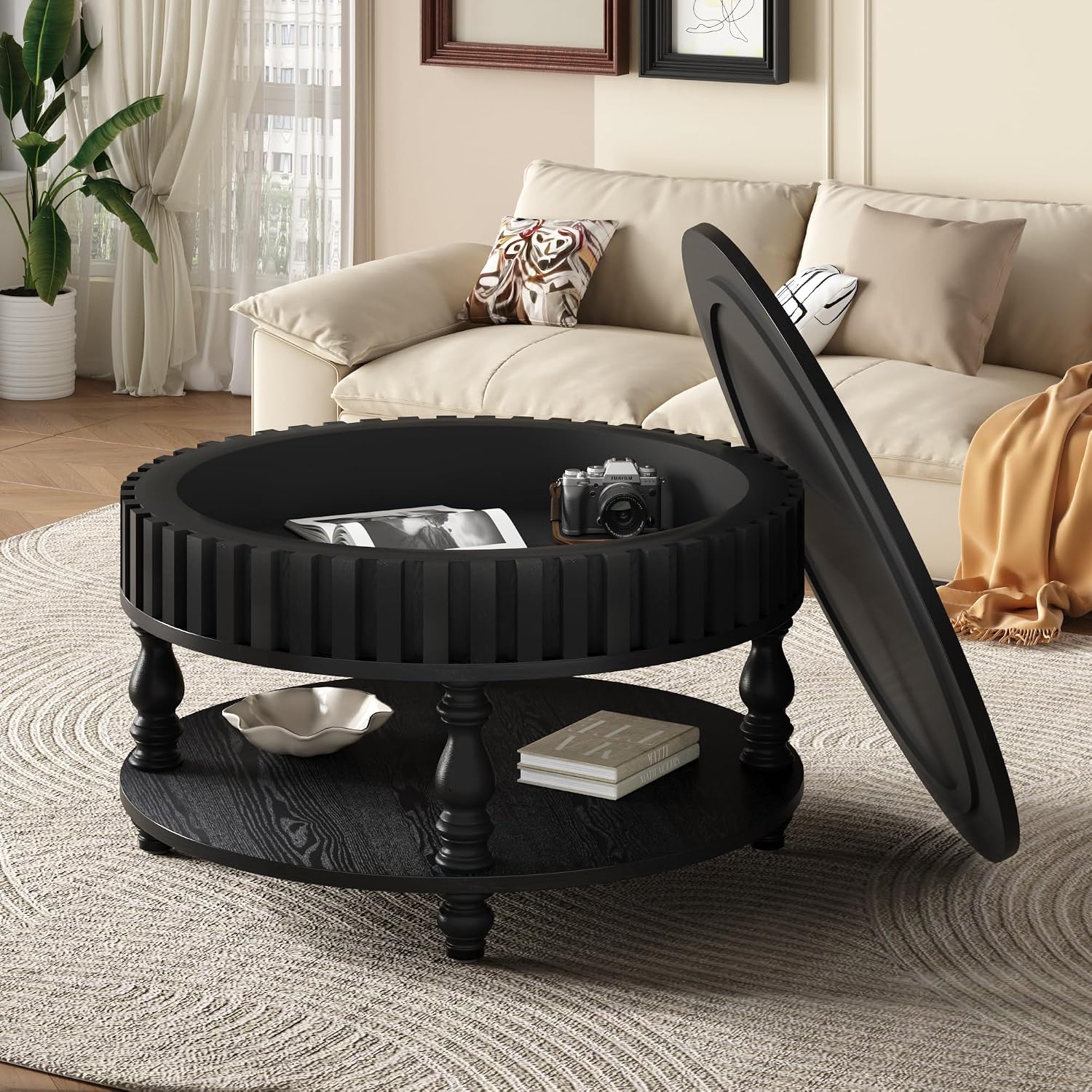 31.49'' Round Coffee Table with Storage Space, 2-Tier Modern Rustic Wood Circle Fluted Coffee Table for Living Room, Moveable Table Top & Easy Assembly, Black