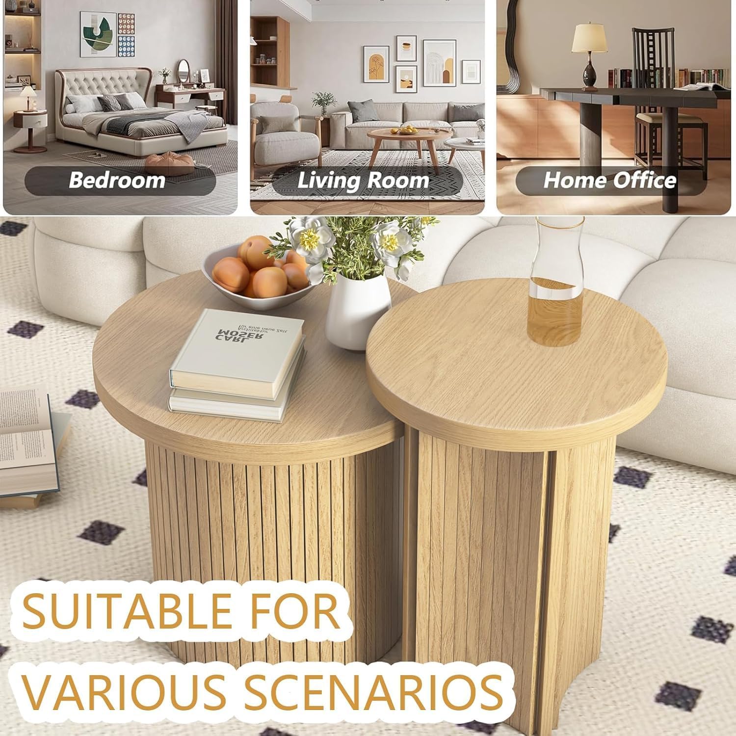 Set of 2 Nesting Coffee Tables Farmhouse,Round Coffee Tables Living Room,Wood Finish Coffee Table Set, Small Coffee Table, Sofa Side Living Room Bedroom Coffee Table Side Table (Small Size-Set)