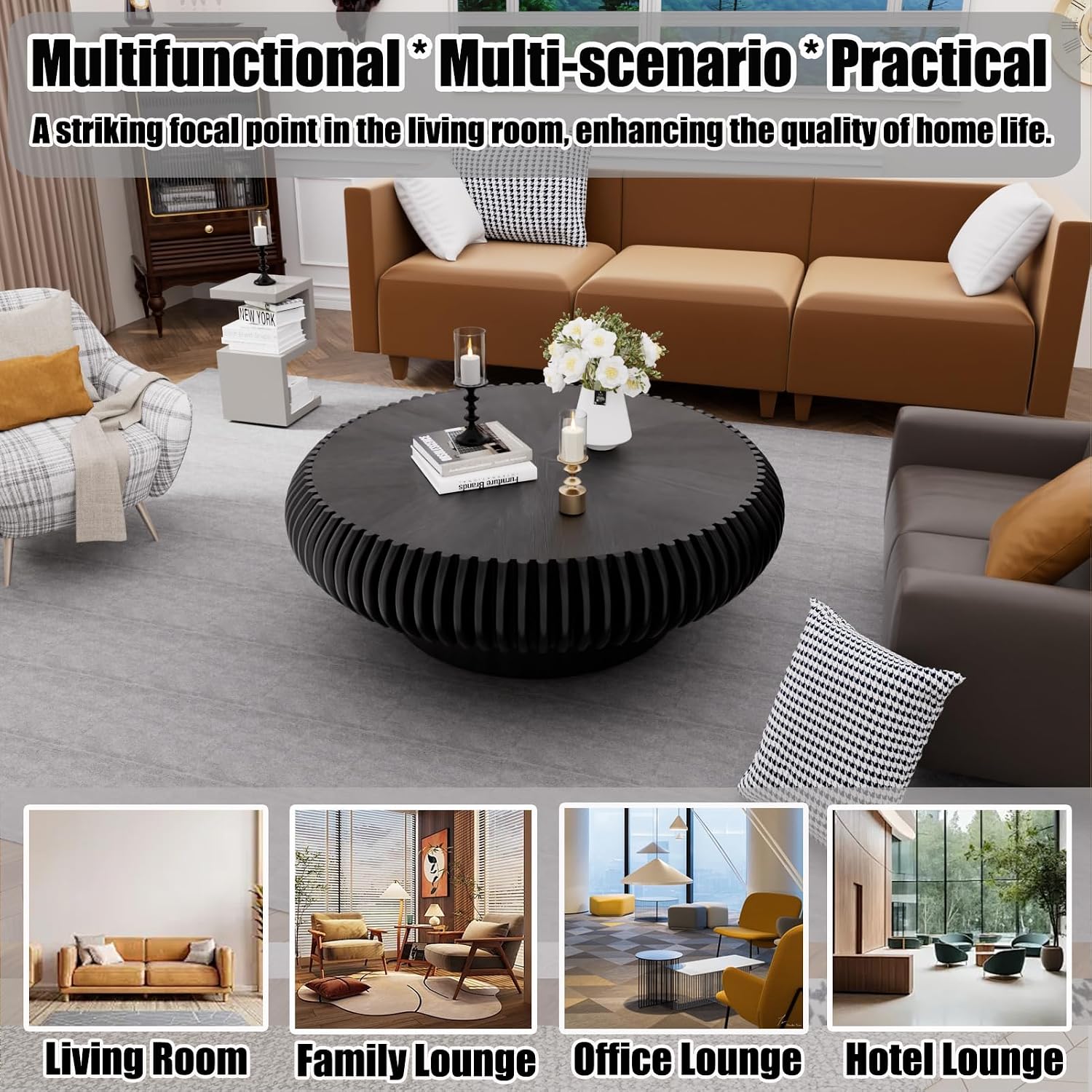39.37' Round Drum Coffee Table, Modern Fluted Coffee Tables with Solid Wood Veneer, Wooden Circle Center Table for Living Room, Small Spaces, and Apartments, Easy Assembly