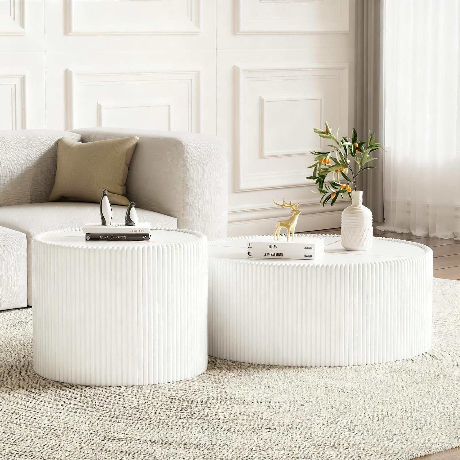 Modern Round Coffee Table Set of 2 Luxury Sintered Stone Top Coffee End Table in White Leatherette Drum-Shape Small Coffee Side End Tables for Living Room,Fully Assembled
