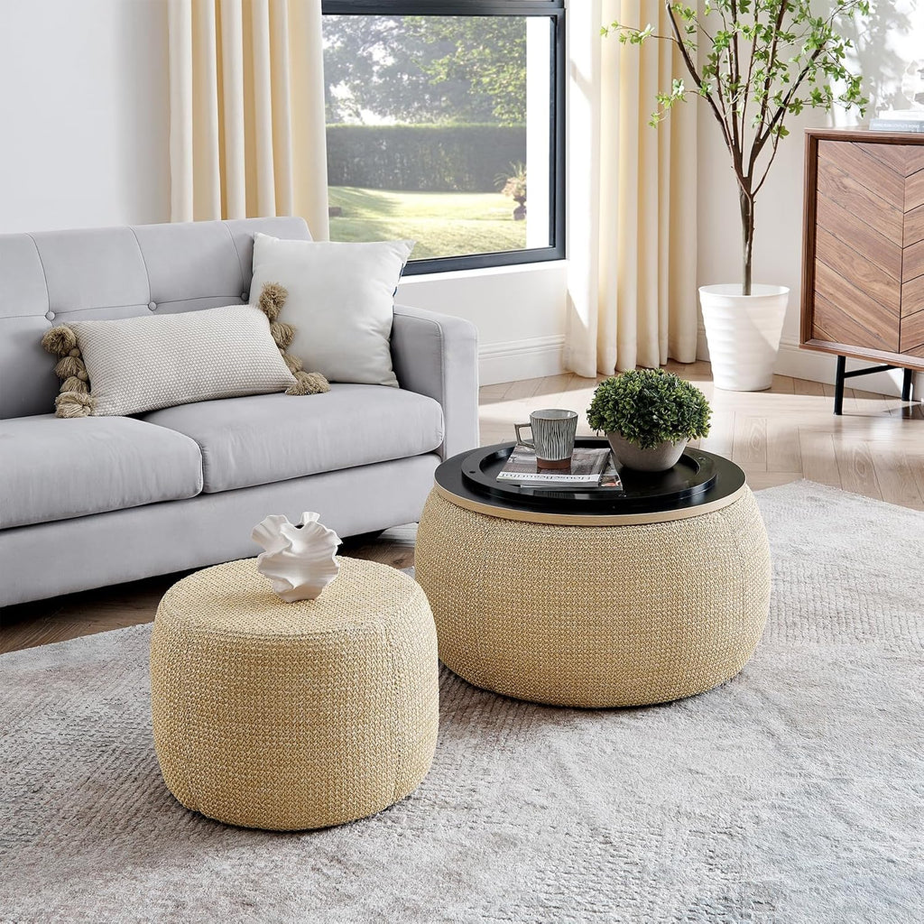 Round Ottoman with Storage Set, 25' +18' Circle Coffee Table Upholstered Nesting Modern End Table Footstool with Removable Wood Tray Woven Rattan for Living Room No Assembly, Natual