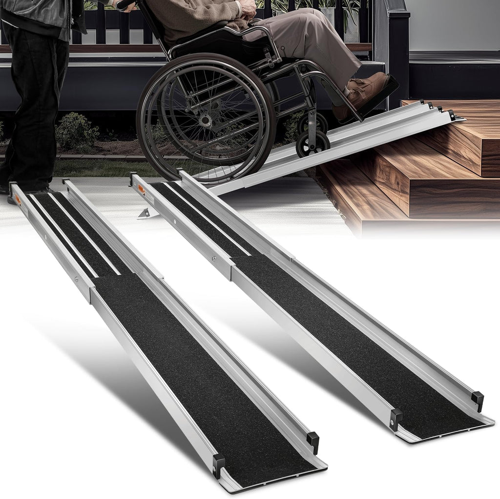 Auto Dynasty 6FT Adjustable Wheelchair Ramp, Portable Telescoping Folding Aluminum Wheel Chair Threshold Ramps for Home Steps Doorways, 72' L x 7.4' W, 1200Lbs Capacity (2 Pack)