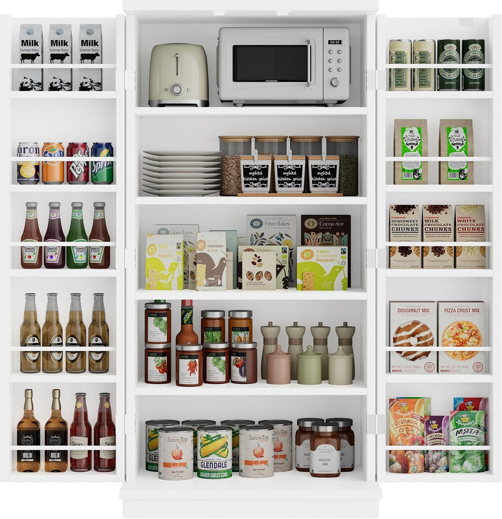 47in Kitchen Pantry Cabinet, Wood Kitchen Storage Pantry Cabinets Freestanding Pantries Cabinets with Doors & Adjustable Shelves, White