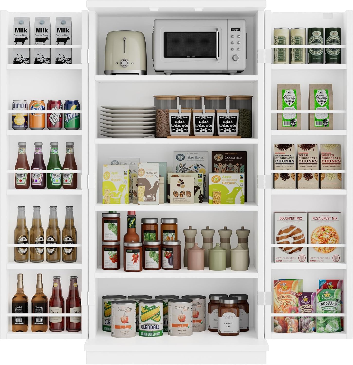 47in Kitchen Pantry Cabinet, Wood Kitchen Storage Pantry Cabinets Freestanding Pantries Cabinets with Doors & Adjustable Shelves, White