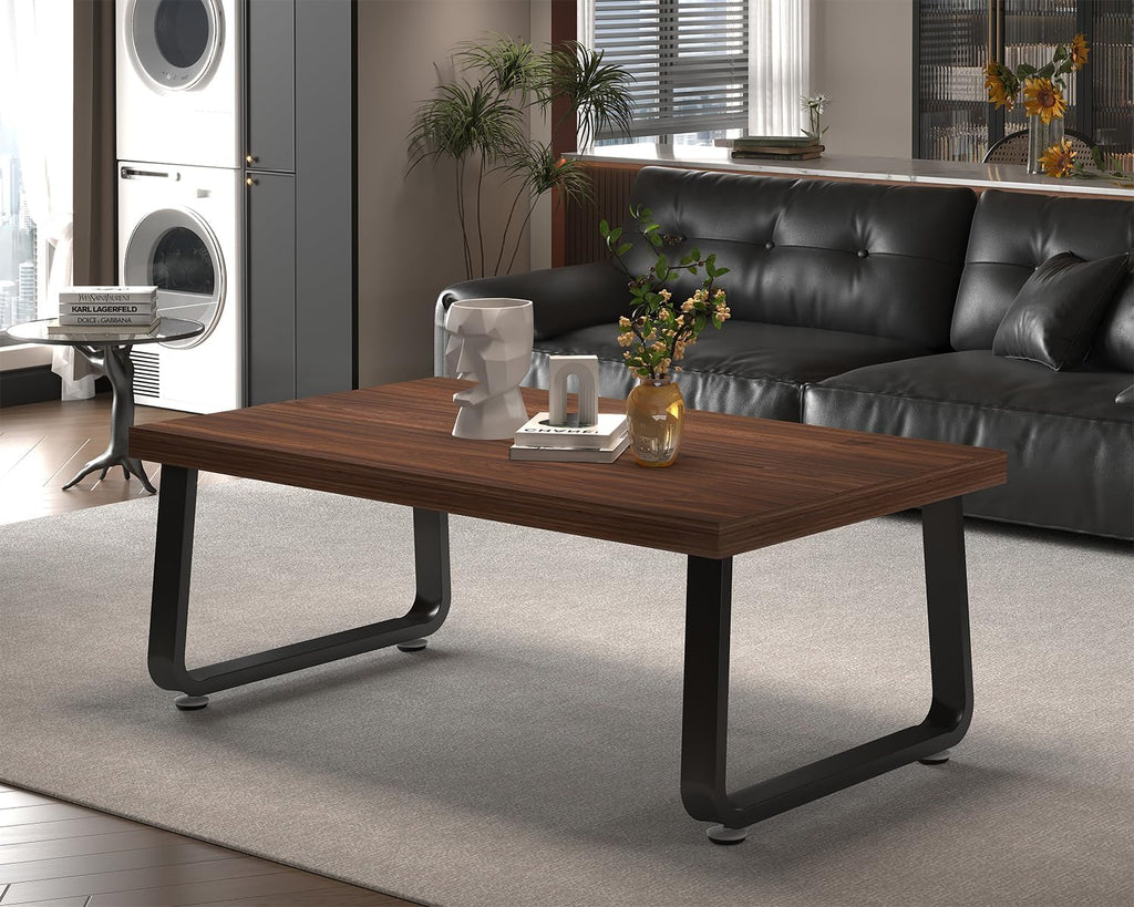 HSH Rustic Walnut Coffee Table, 39' Mid Century Modern Center Table, Rectangle Industrial Living Room Coffee Table, Simple Farmhouse Wood and Metal Tea Coffee Tables for Home Bedroom, Walnut, 39 in