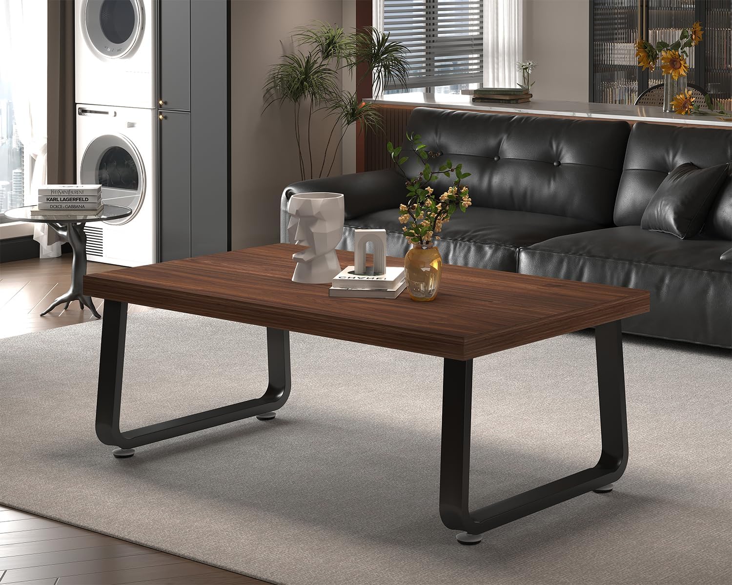 HSH Rustic Walnut Coffee Table, 39' Mid Century Modern Center Table, Rectangle Industrial Living Room Coffee Table, Simple Farmhouse Wood and Metal Tea Coffee Tables for Home Bedroom, Walnut, 39 in
