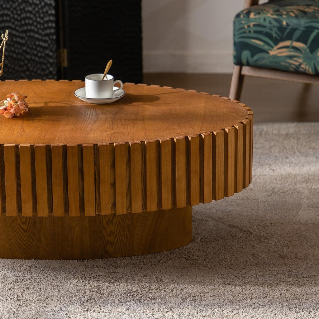 Oval Fluted Coffee Table Drum Coffee Tables for Living Room Modern Pedestal Center Table (Oval Wood 43.3in)