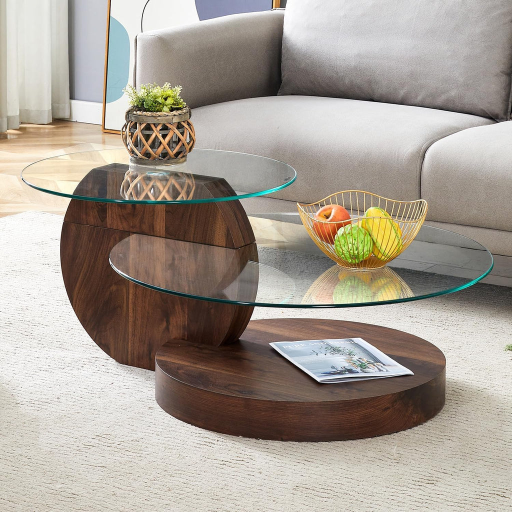 Glass Coffee Table, Modern Round Clear Coffee Tables for Living Room, 3-Tier Circle Tempered Coffee Table with Storage Wooden Side Table for Home Bedroom Balcony Yard (Walnut, 42 inch)
