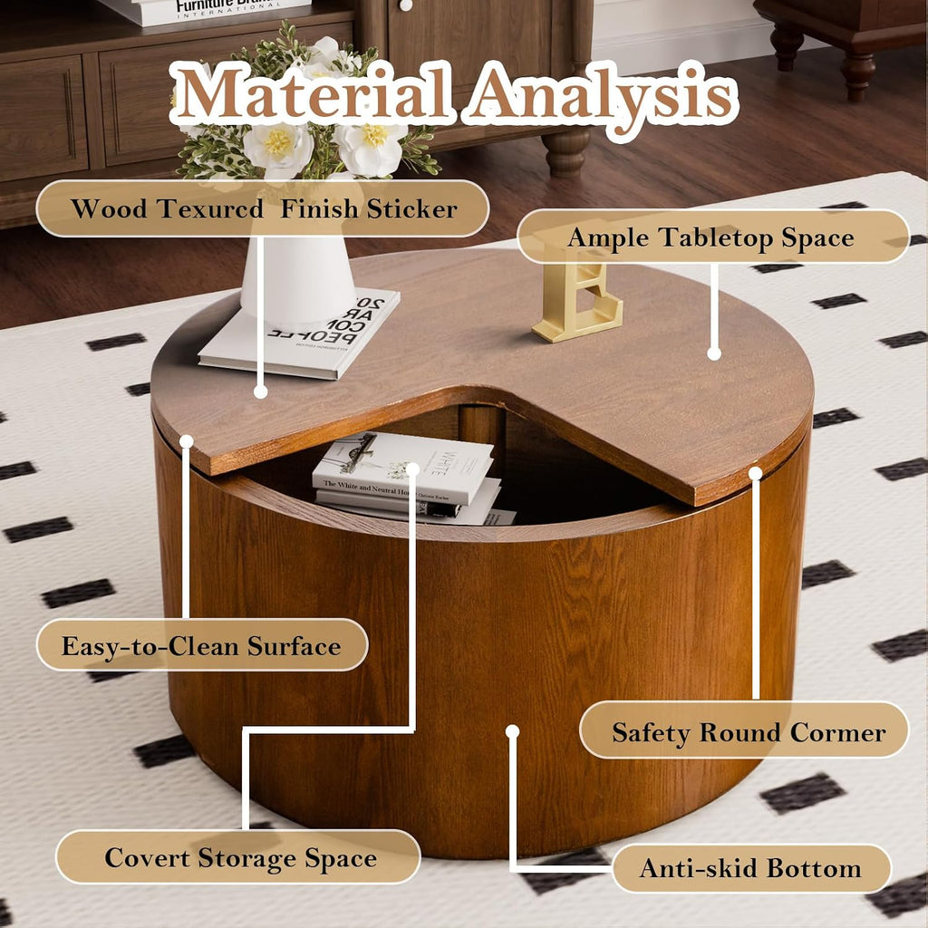 27.16' Modern Walnut Side Table with Storage, Mid Century Round Sofa End Table - 360° Rotation Tabletop for Small Space No Assemble Required (Walnut 27.16in)