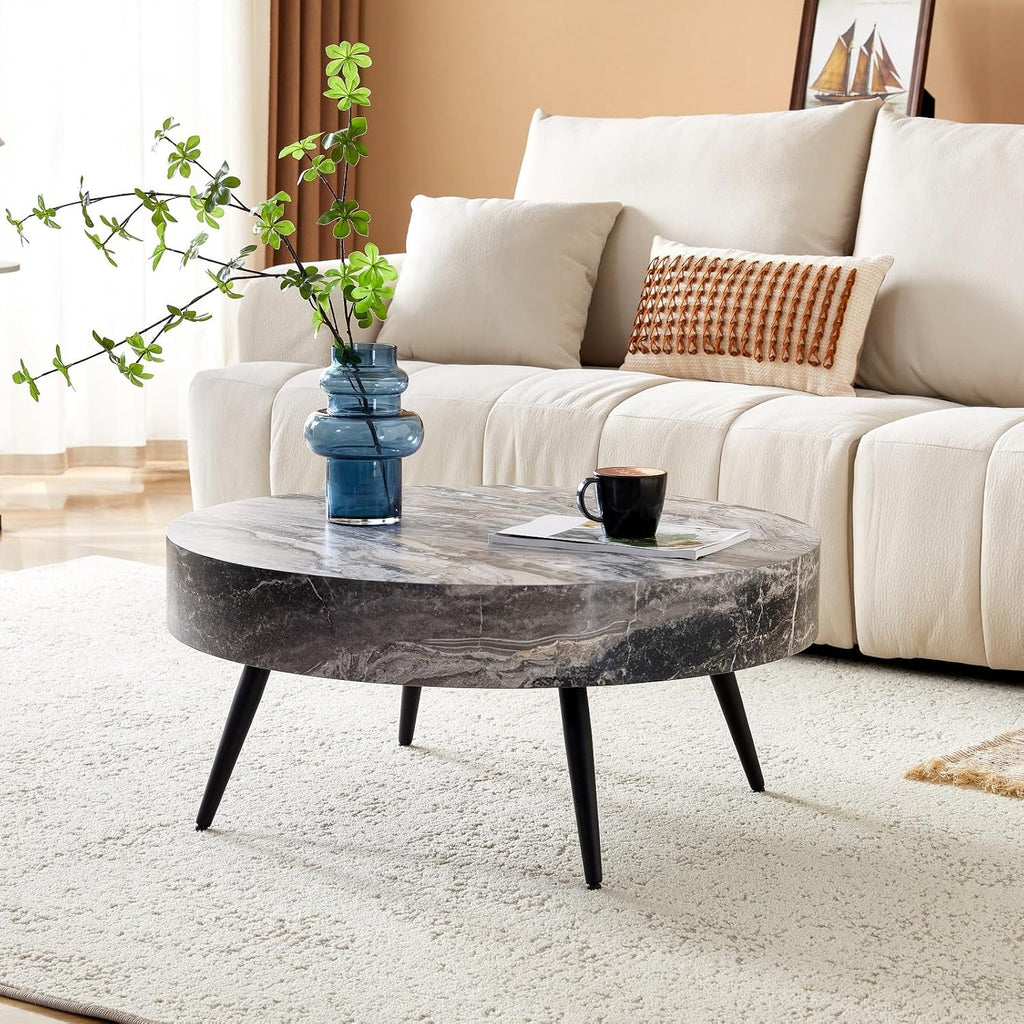 Round Coffee Table, Small Wood Marble Coffee Table with Storage, Modern Mid Century Circle Tables Accent Center Tables for Living Room Apartment Small Space (31.5''D-Marble Grey)