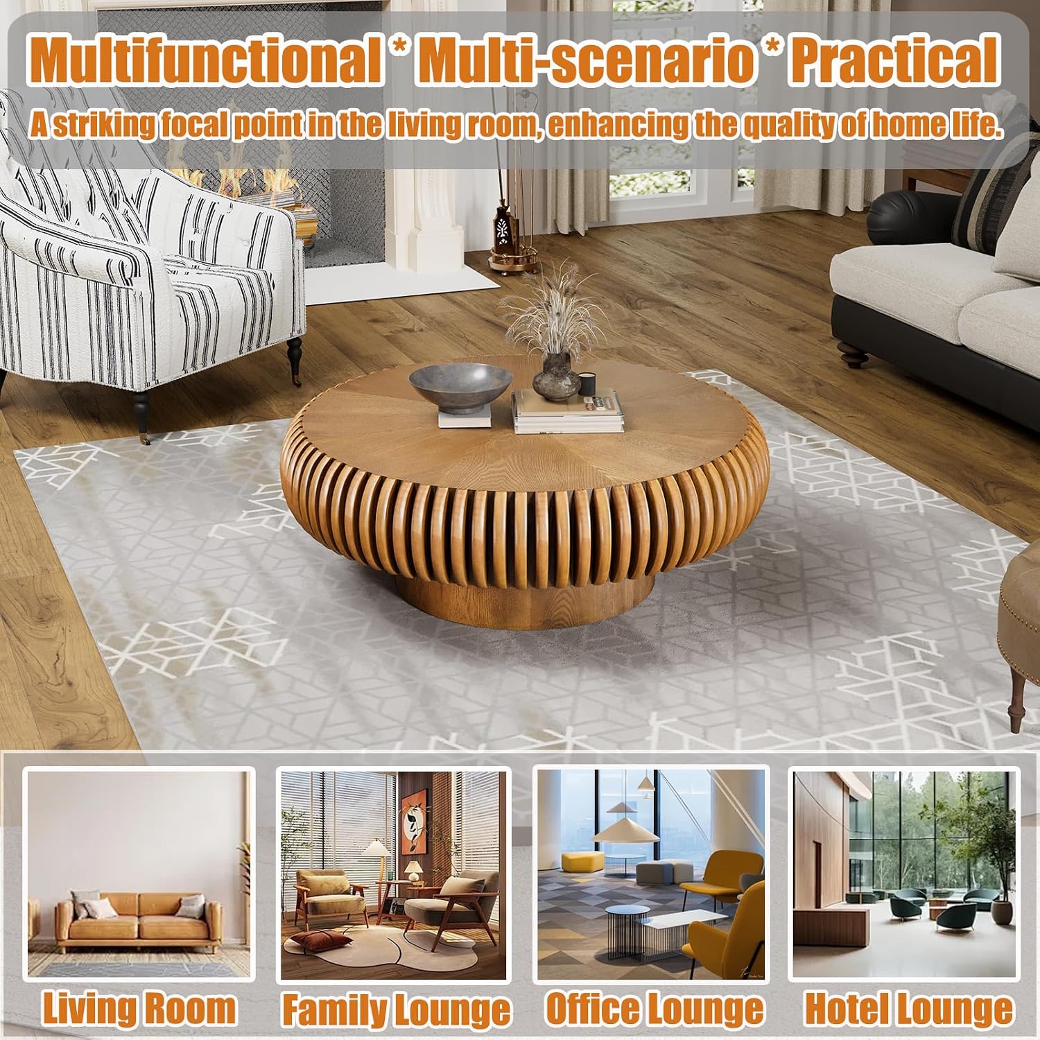 31.5' Round Drum Coffee Table, Modern Fluted Tea Table with Solid Wood Veneer, Wooden Circle Center Table for Living Room, Small Spaces, and Apartments, Easy Assembly
