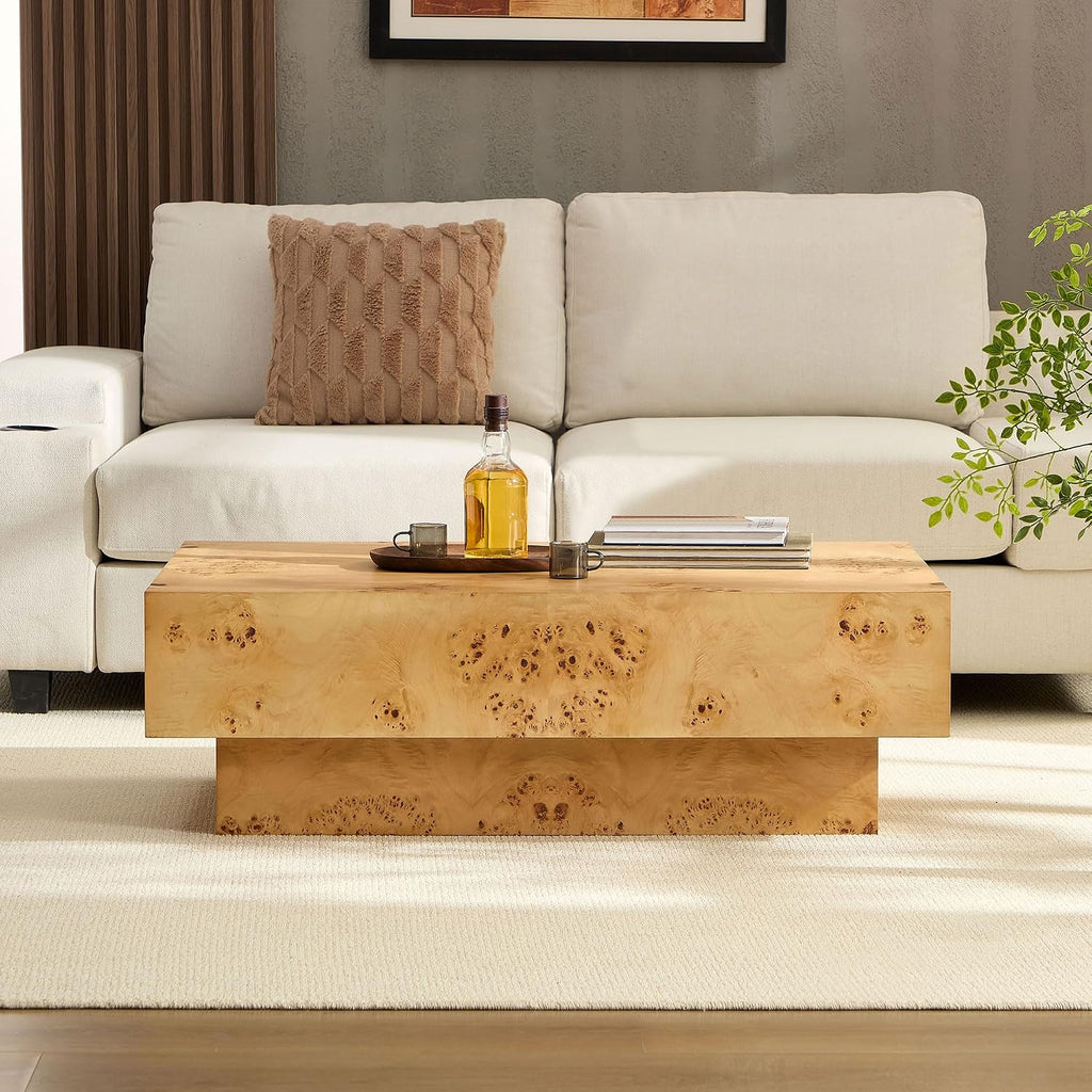 WILLIAMSPACE 43.31' Rectangle Coffee Table with Burl Wood Veneer & Sturdy Base, Modern Luxury Wood Drum Center Table End Table Accent Side Table for Living Room, Minimalist Fluted Design, Oak