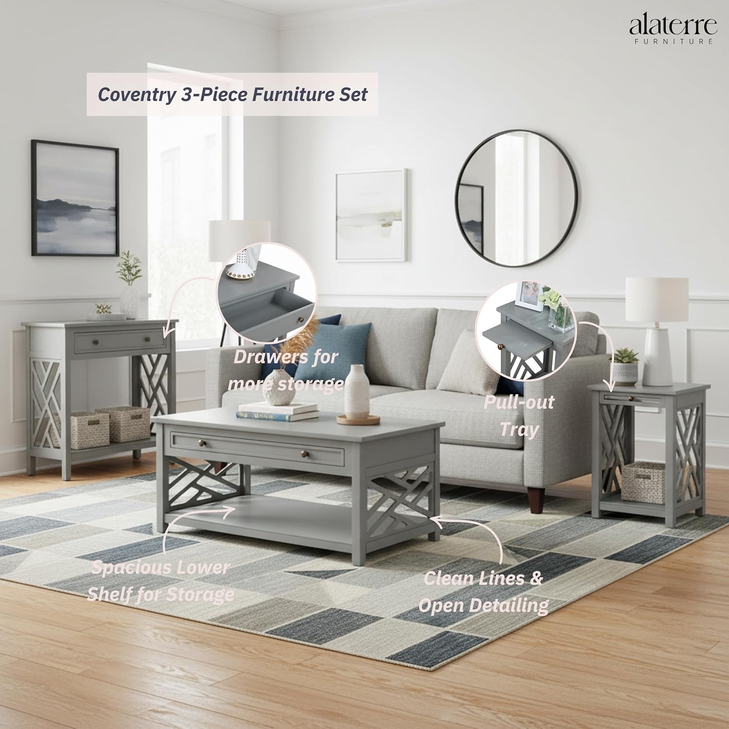 Alaterre Furniture Coventry 36' Coffee, End Tray and Console/TV Table, Set of 3, Grey