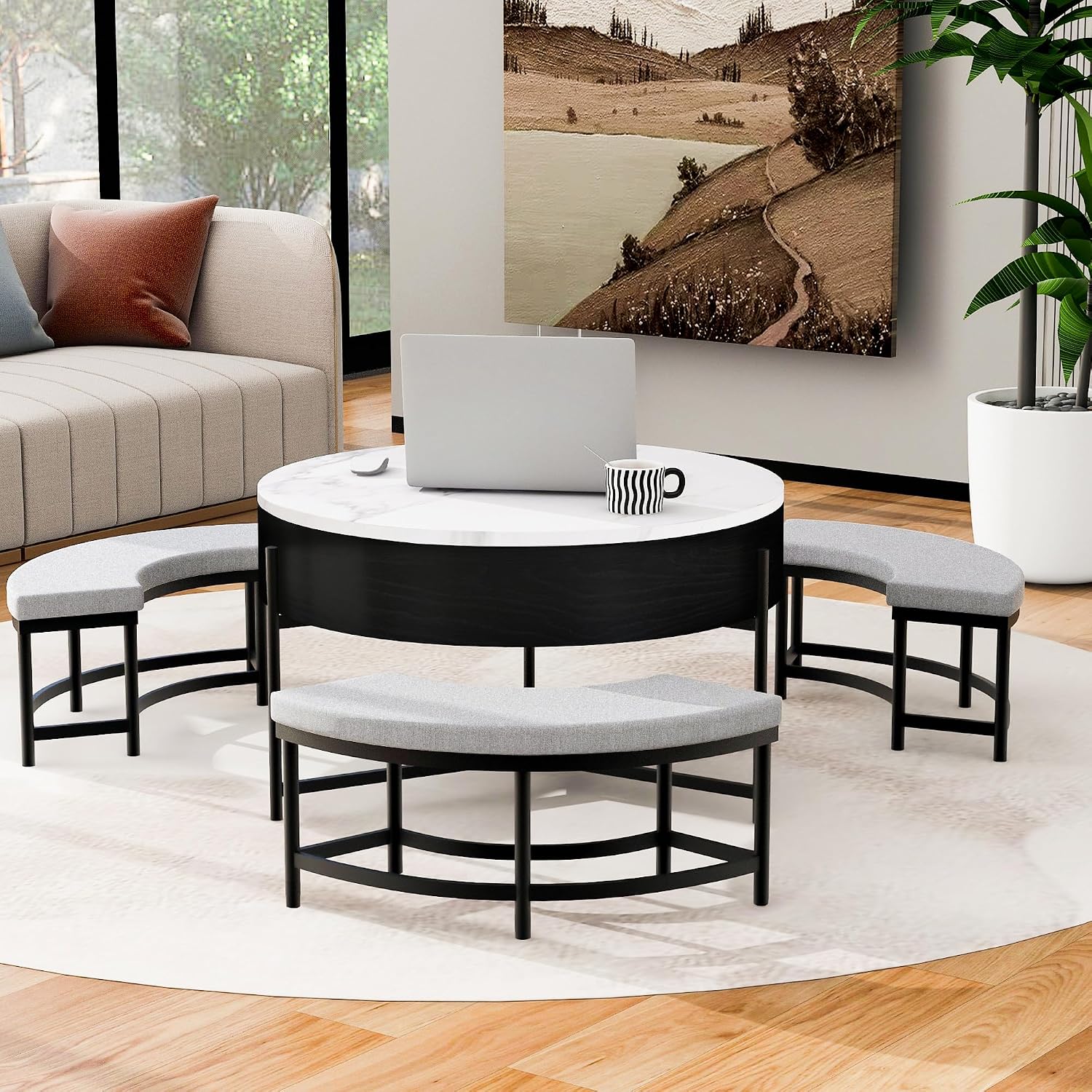 31.5' Modern Round Lift-Top Coffee Table with Storage & 3 Ottoman,White & Black