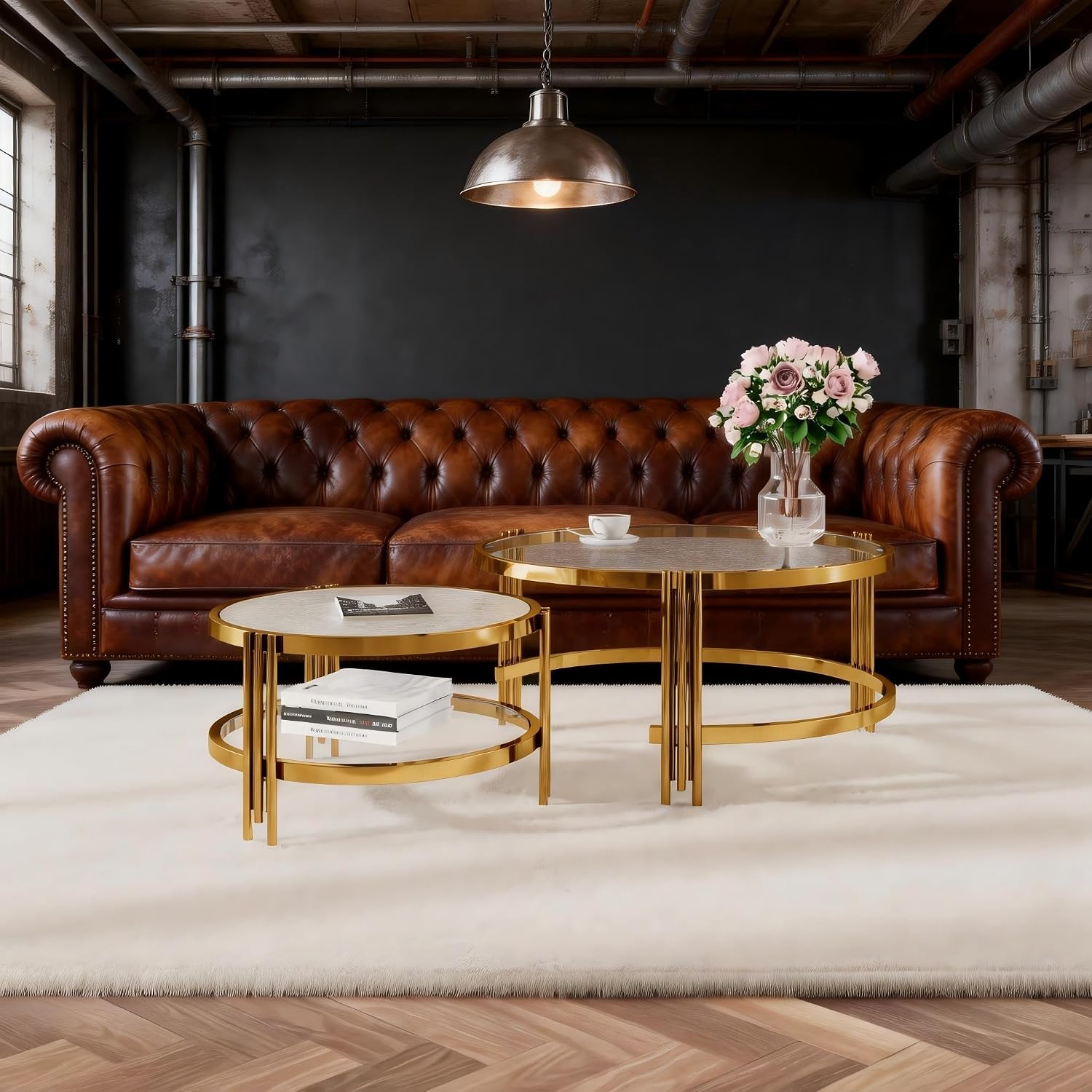 Coffee Table Set of 2 Nesting Round Glass Living Room Table Set Φ 32.75 Modern Simple 2 Tier Middle Center Metal Frame for Small Space Living Room Bedroom Office Meeting Room Gold