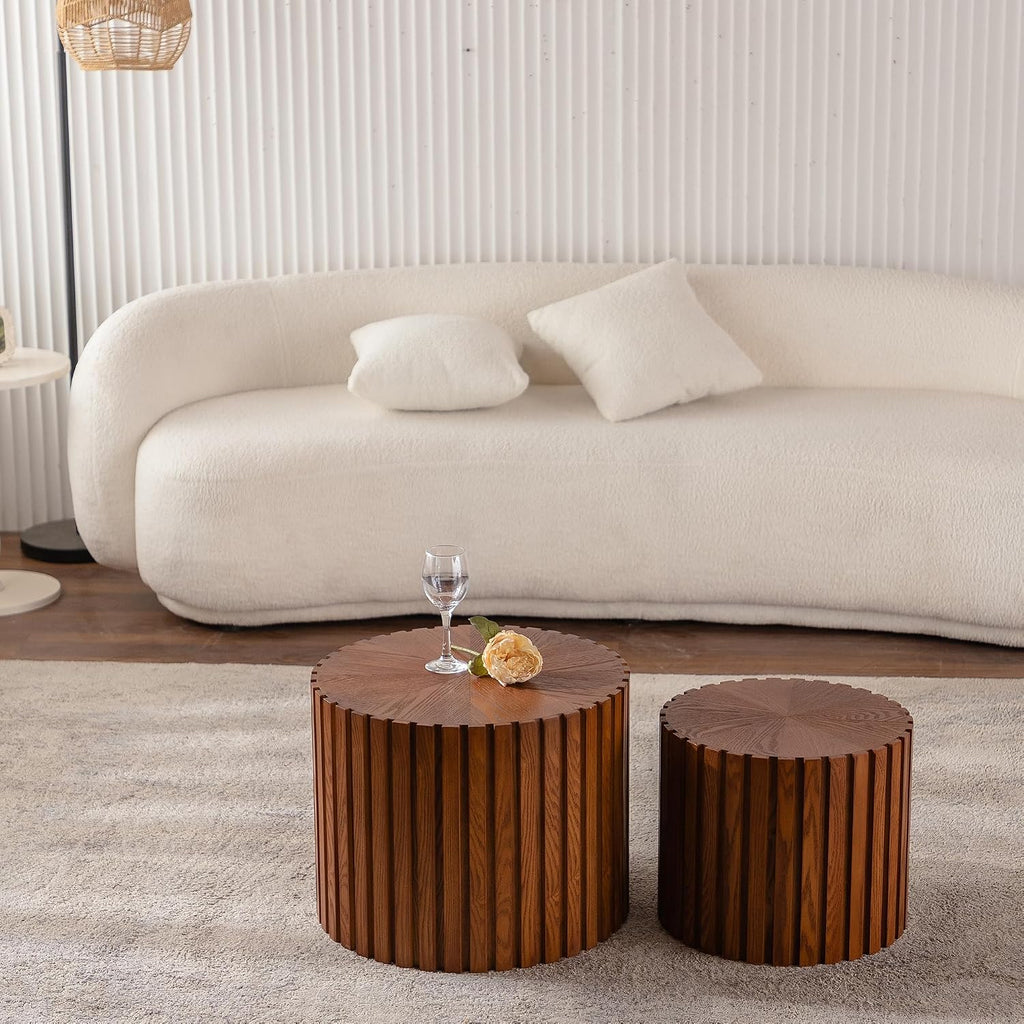 KEVINSPACE Nesting Coffee Table Set of 2 Circle CoffeeTable Modern NestingTables for Living Room Round Fluted Wooden CoffeeTabl No Need Assembly for Bedroom Balcony Lounge 33.86' Walnut