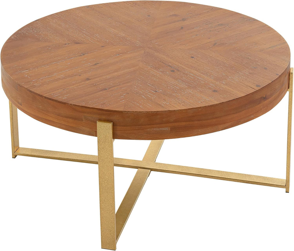 Setawix Farmhouse Round Coffee Table for Living Room, 33.86' Small Side End Table, Wood Retro Splicing Coffee Table, Modern Accent Coffee Table Entry Way Table with Gold Metal Cross Leg