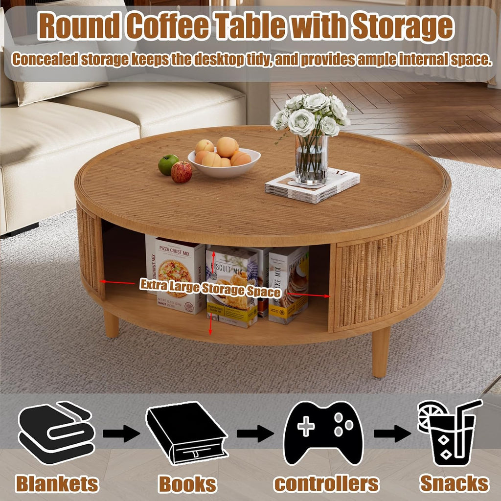 30.5' Storage Round Coffee Table, Modern Coffee Tables with Rattan-Accent Top and Sides, Wooden Circle Center Table for Living Room, Small Spaces, and Apartments, Easy Assembly