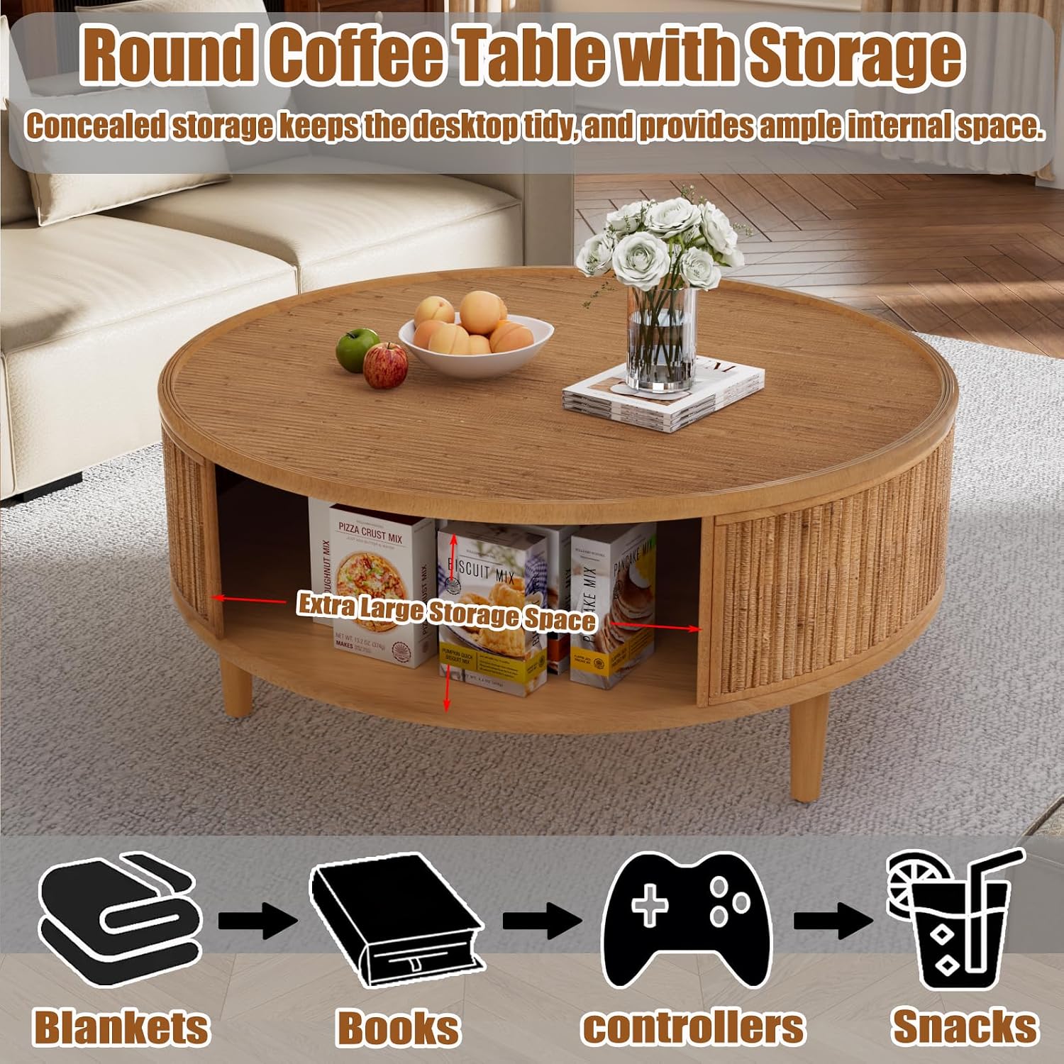 30.5' Storage Round Coffee Table, Modern Coffee Tables with Rattan-Accent Top and Sides, Wooden Circle Center Table for Living Room, Small Spaces, and Apartments, Easy Assembly