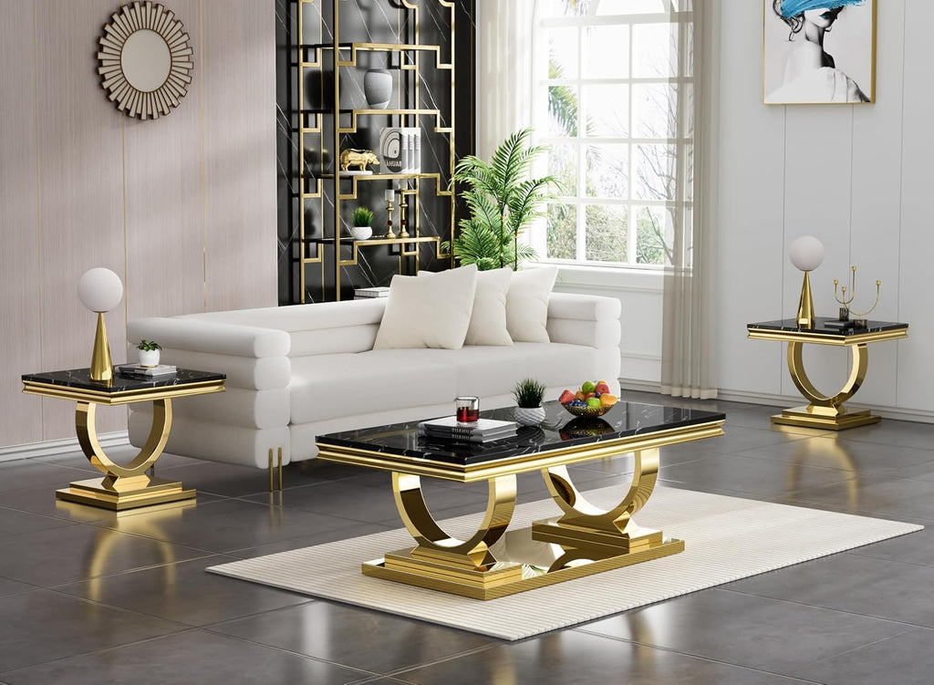 Coffee Tables Set of 2 for Living Room, Marble Coffee Table and End Table Set, Black Faux Marble Top&Gold O-Shape Stainless Steel Base, 2 Pieces Living Room Table Sets for Apartment Office