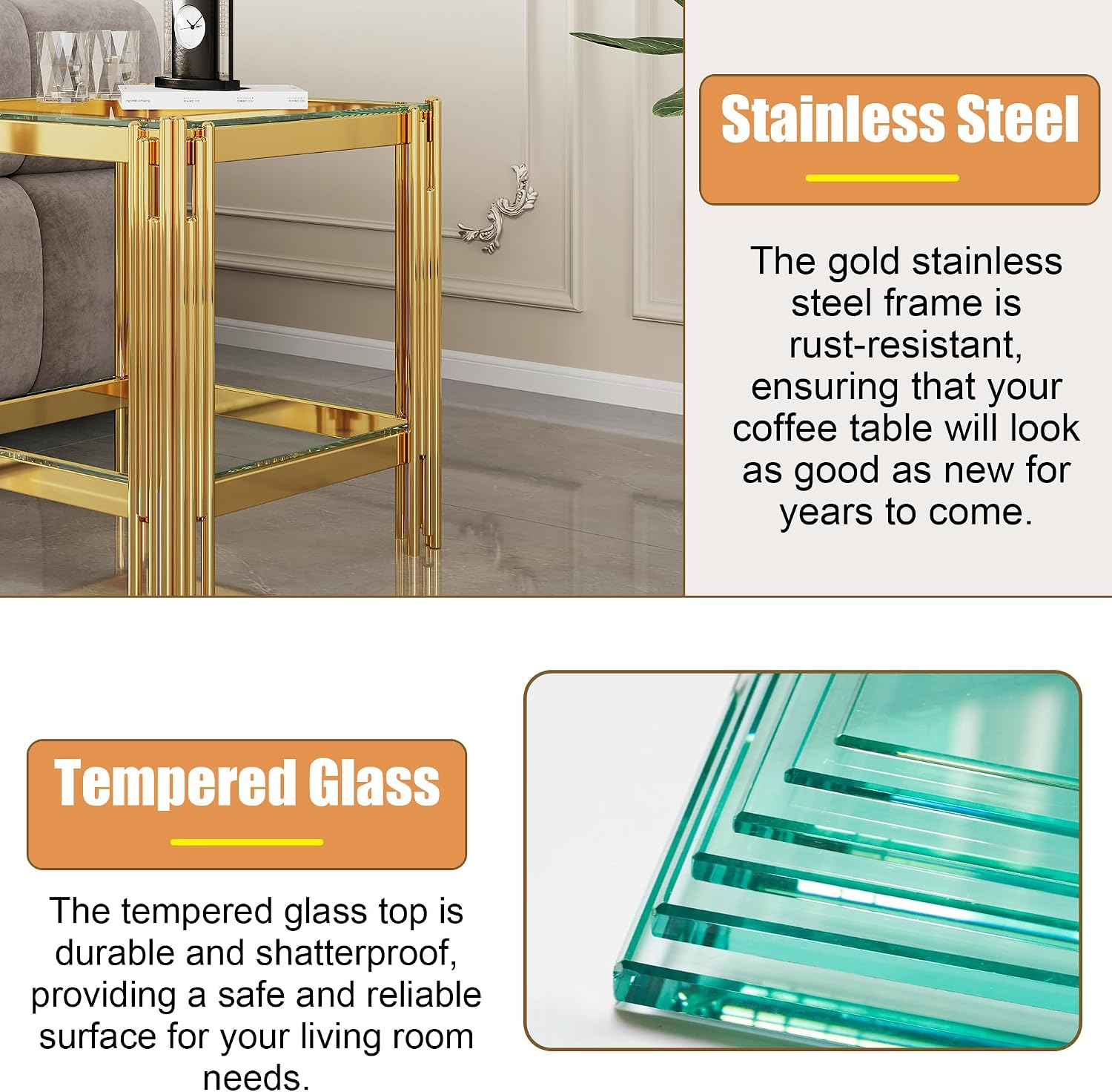 2-Tier Glass End Table, 20' Square Gold Side Table with Stainless Steel Legs and Clear Tempered Glass, Modern Luxury End Table for Living Room Home Office