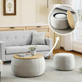 Round Ottoman with Storage Set, 25' +18' Circle Coffee Table Upholstered Nesting Modern End Table Footstool with Removable Wood Tray Chenille for Living Room No Assembly, Light Grey