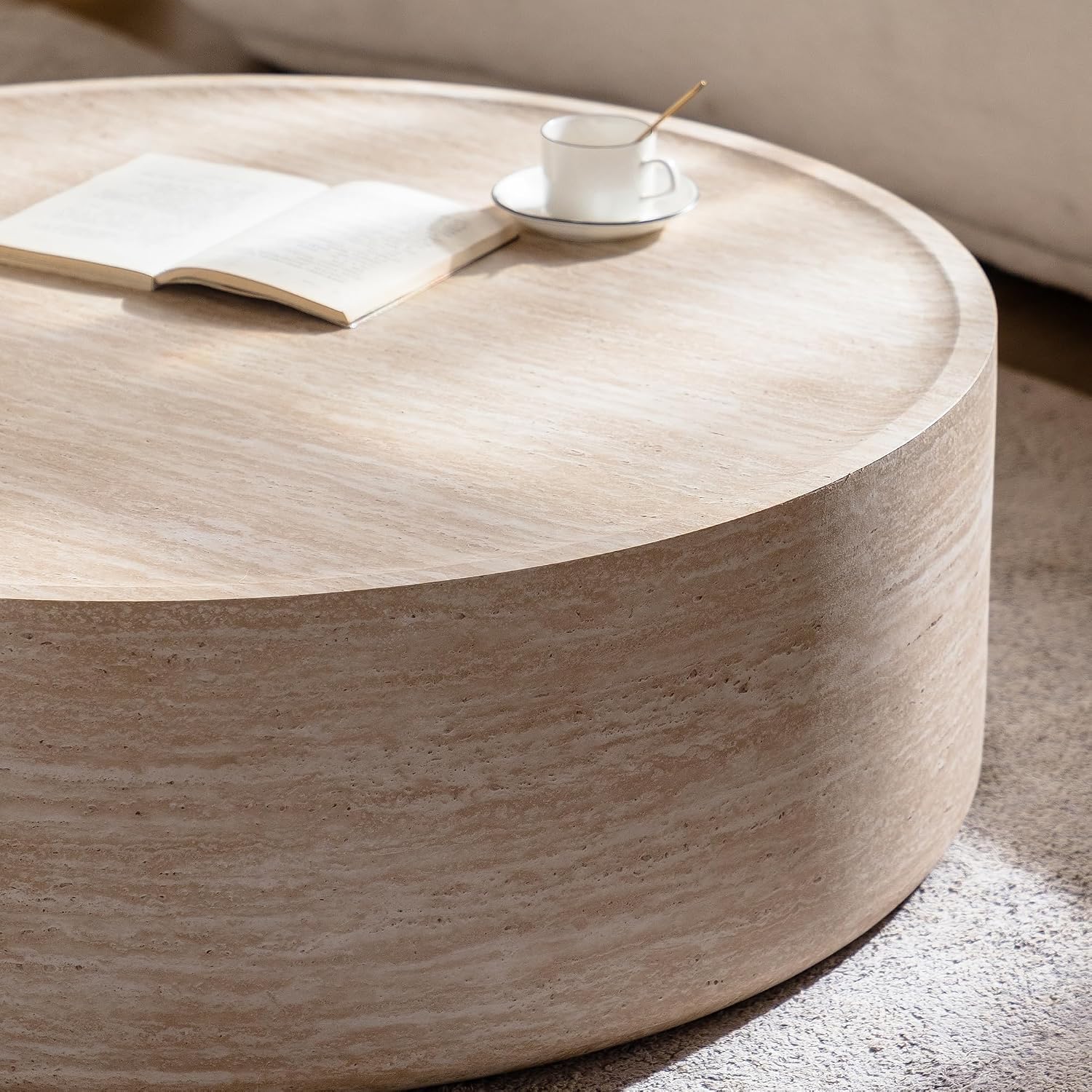 Faux Travertine Coffee Table for Living Room Modern Wood Drum Coffee Tables 39.37' Fully Assembled Round Center Table for Living Room Home Office