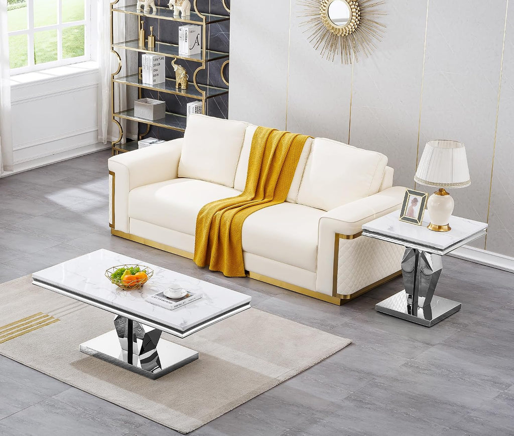 3 Pieces Coffee Table Set, Faux Marble Living Room Table Set of 3, Modern Coffee Table and 2 End Tables with Y-Shaped Stainless Steel Base for Living Room (White Silver)