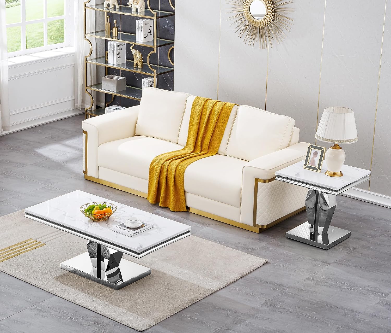 3 Pieces Coffee Table Set, Faux Marble Living Room Table Set of 3, Modern Coffee Table and 2 End Tables with Y-Shaped Stainless Steel Base for Living Room (White Silver)