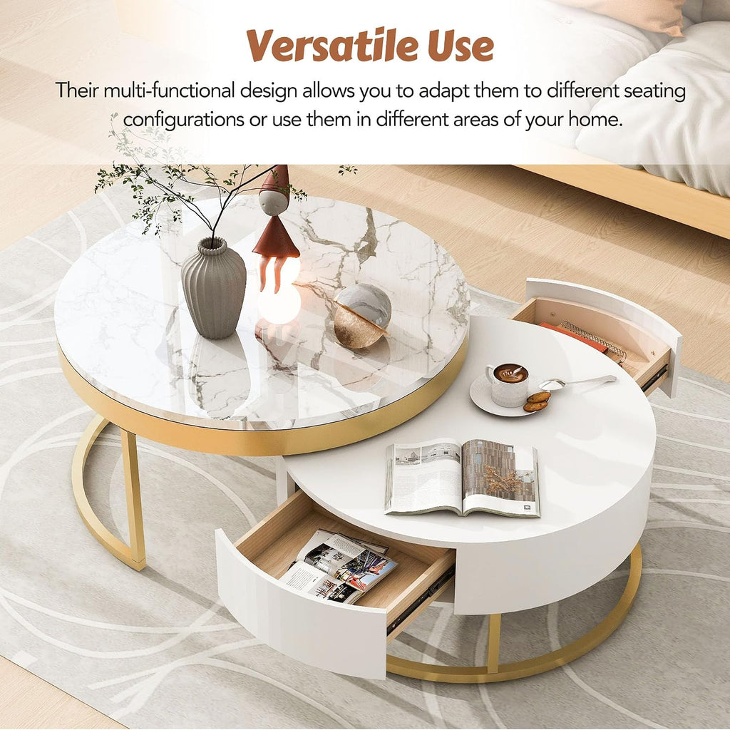 Modern Round Nesting Coffee Table with Drawers in White, Circle Coffee Tables for Living Room
