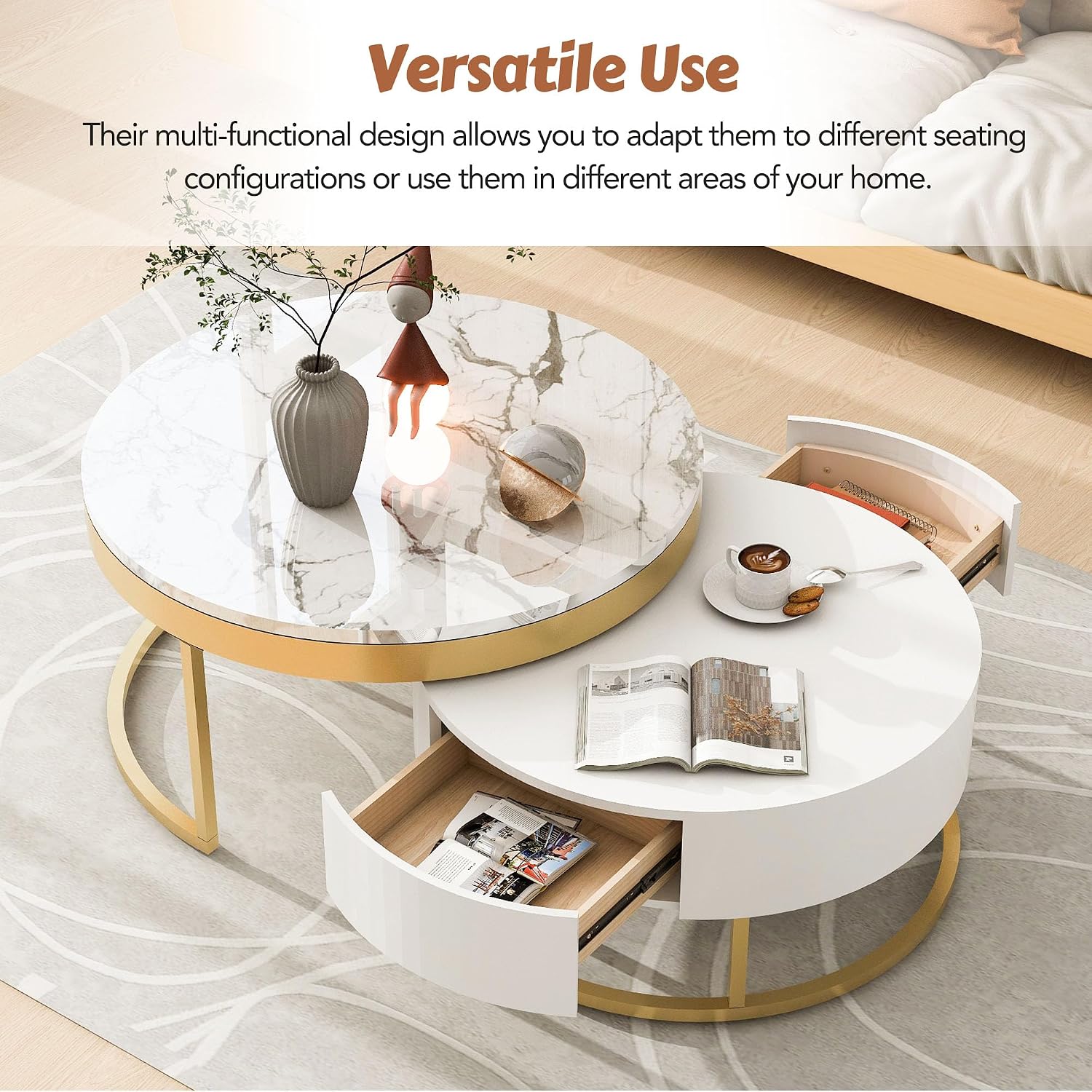 Modern Round Nesting Coffee Table with Drawers in White, Circle Coffee Tables for Living Room
