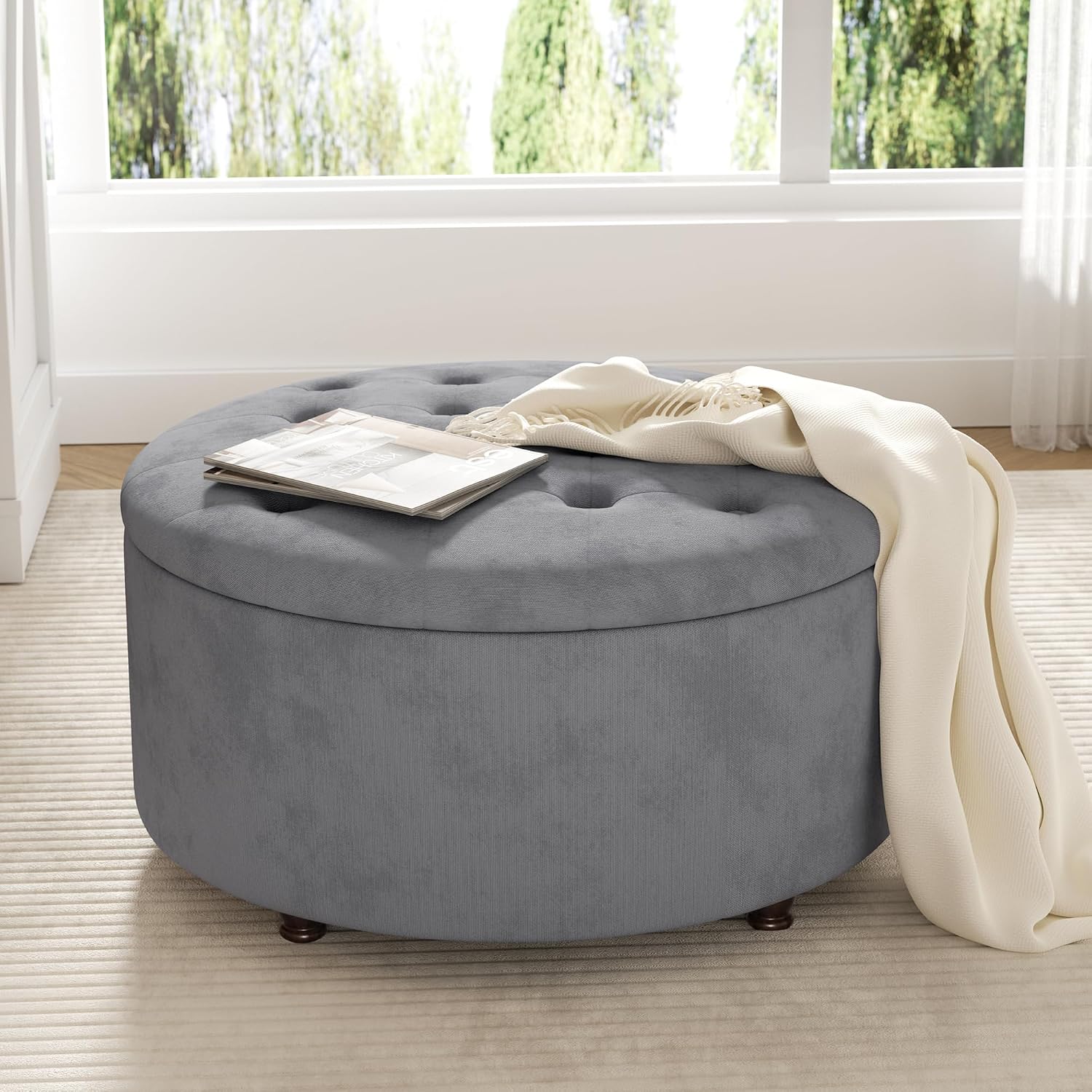 30 Inch Round Storage Ottoman,Modern Tufted Ottomans,Circular Coffee Table with Removable Top,Upholstered Large Ottoman with Storage Footrest Stool for Bedroom Living Room (LIGHTGREY)