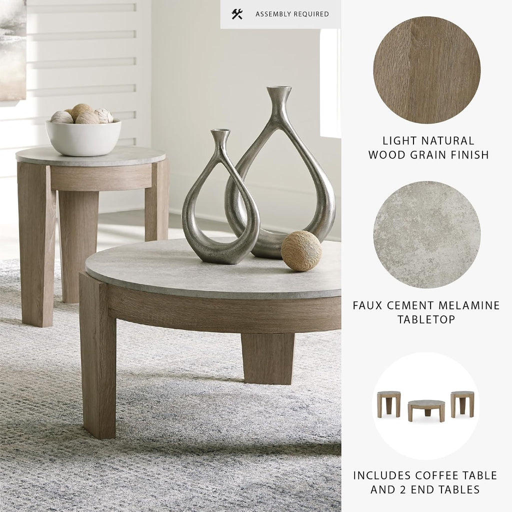 Signature Design by Ashley Guystone Casual Table Set with Faux Cement Melamine Tabletop, Set of 3, Light Brown & Light Gray