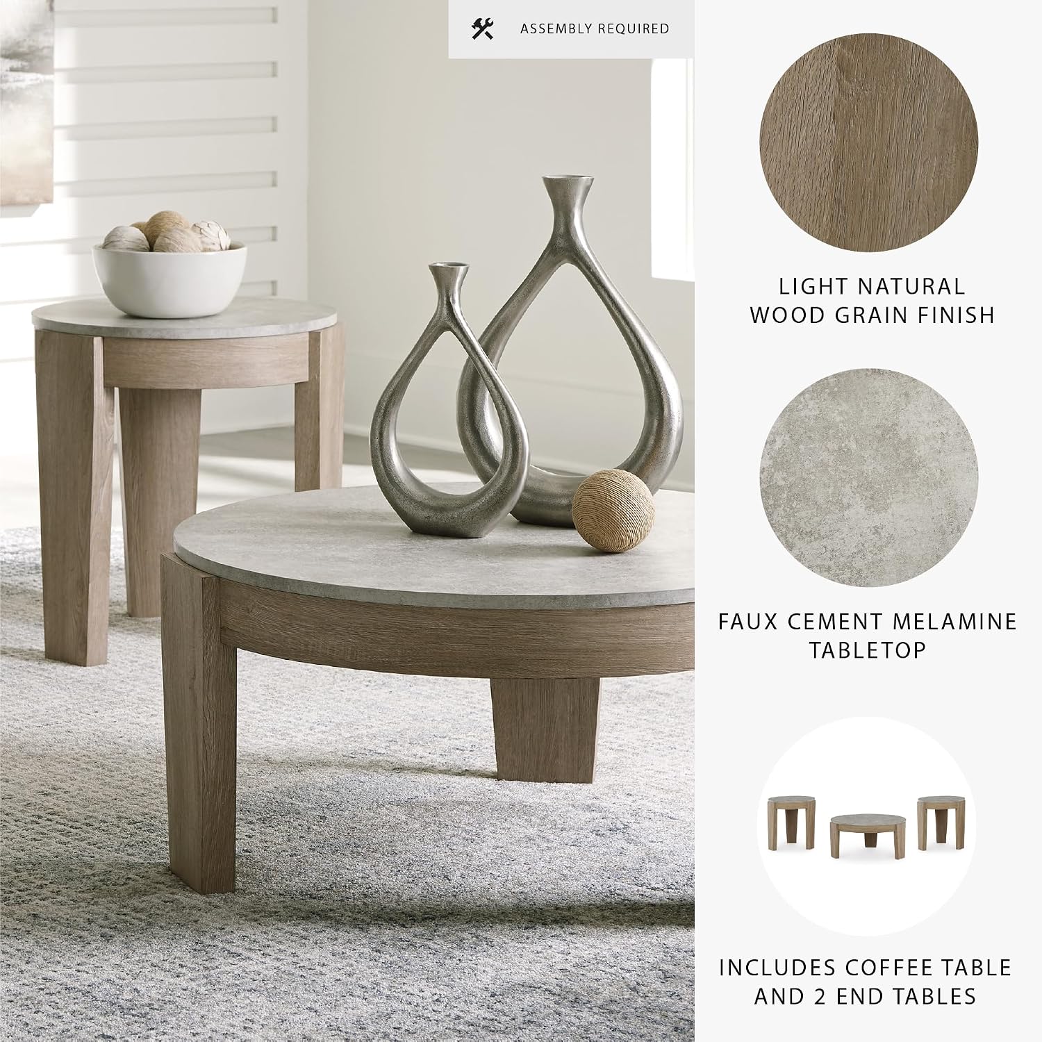 Signature Design by Ashley Guystone Casual Table Set with Faux Cement Melamine Tabletop, Set of 3, Light Brown & Light Gray