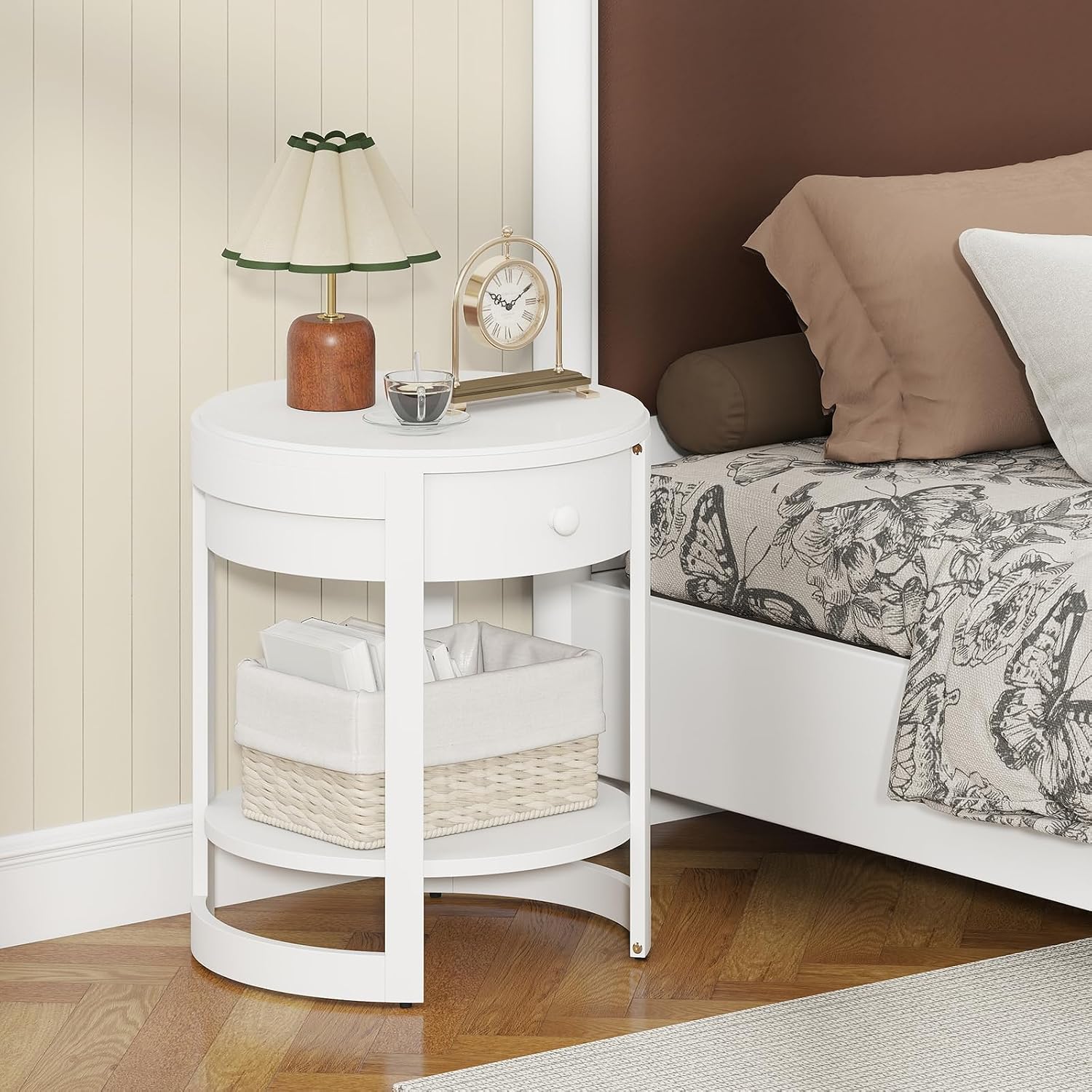 Giantex Round Side Table Set of 2, 2-Tier Wooden End Table with Drawer and Shelf, Vintage Wood Grain Finish, Modern Circle Night Stand for Living Room Bedroom, White