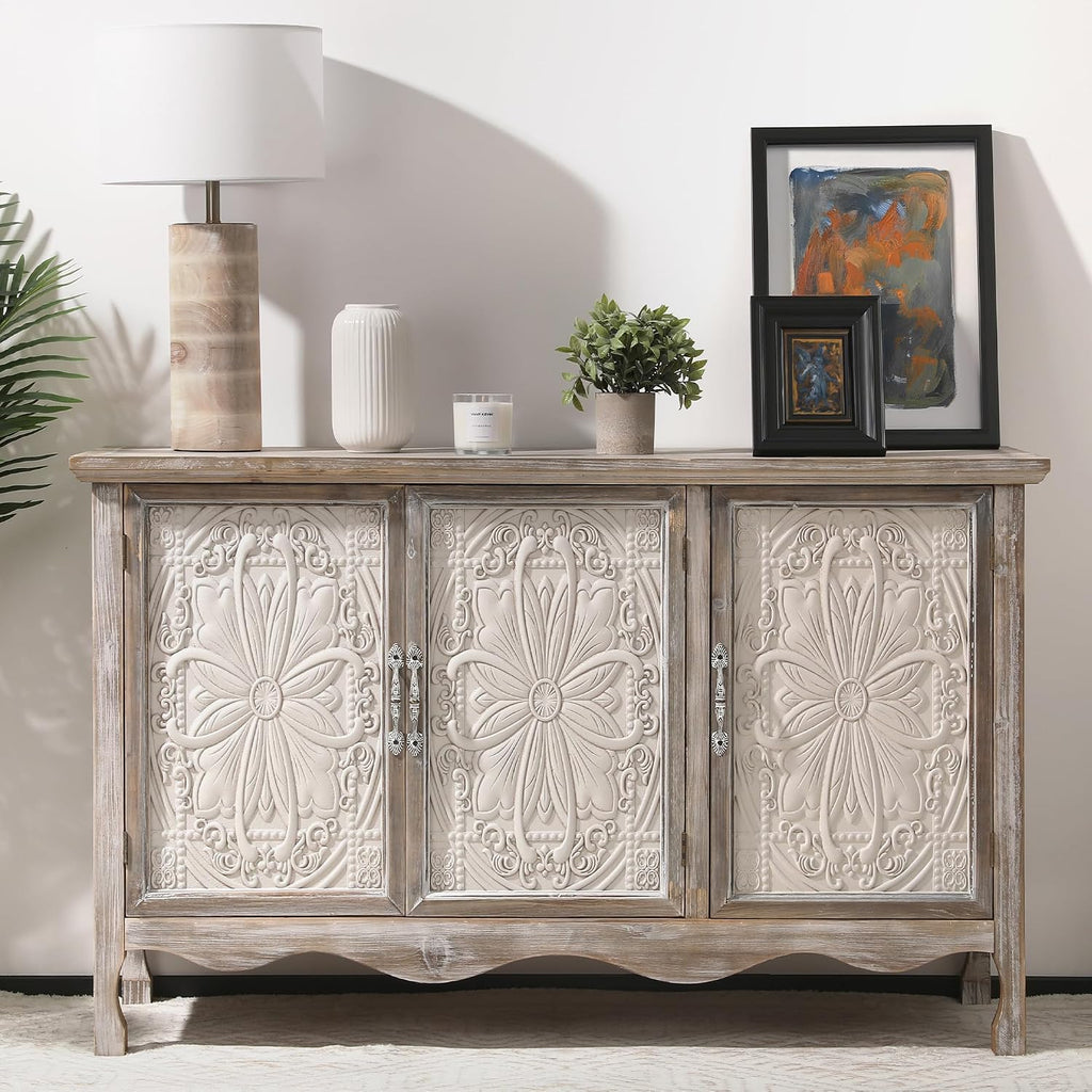 RoyalCraft Farmhouse Sideboard Buffet Cabinet with Storage, 49' Solid Wood Credenza Buffet Table Coffee Bar Wine Bar Storage Cabinet with 3 Doors for Dining Room Living Room Hallway, (Provence Gray)