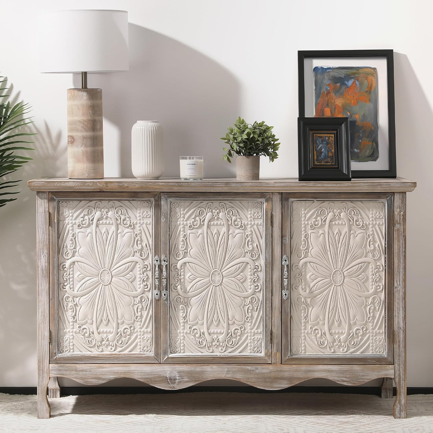 RoyalCraft Farmhouse Sideboard Buffet Cabinet with Storage, 49' Solid Wood Credenza Buffet Table Coffee Bar Wine Bar Storage Cabinet with 3 Doors for Dining Room Living Room Hallway, (Provence Gray)