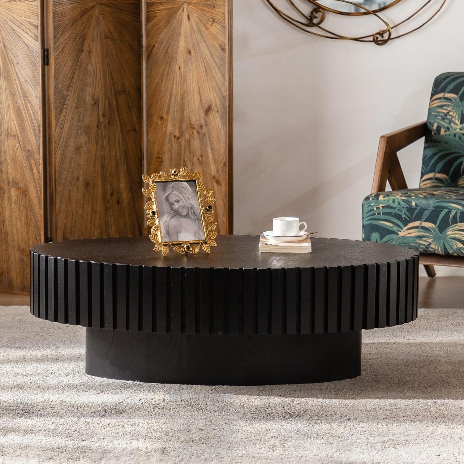 43.3in Oval Fluted Coffee Table Drum Coffee Tables for Living Room Modern Pedestal Center Table (Oval Black 43.3in)