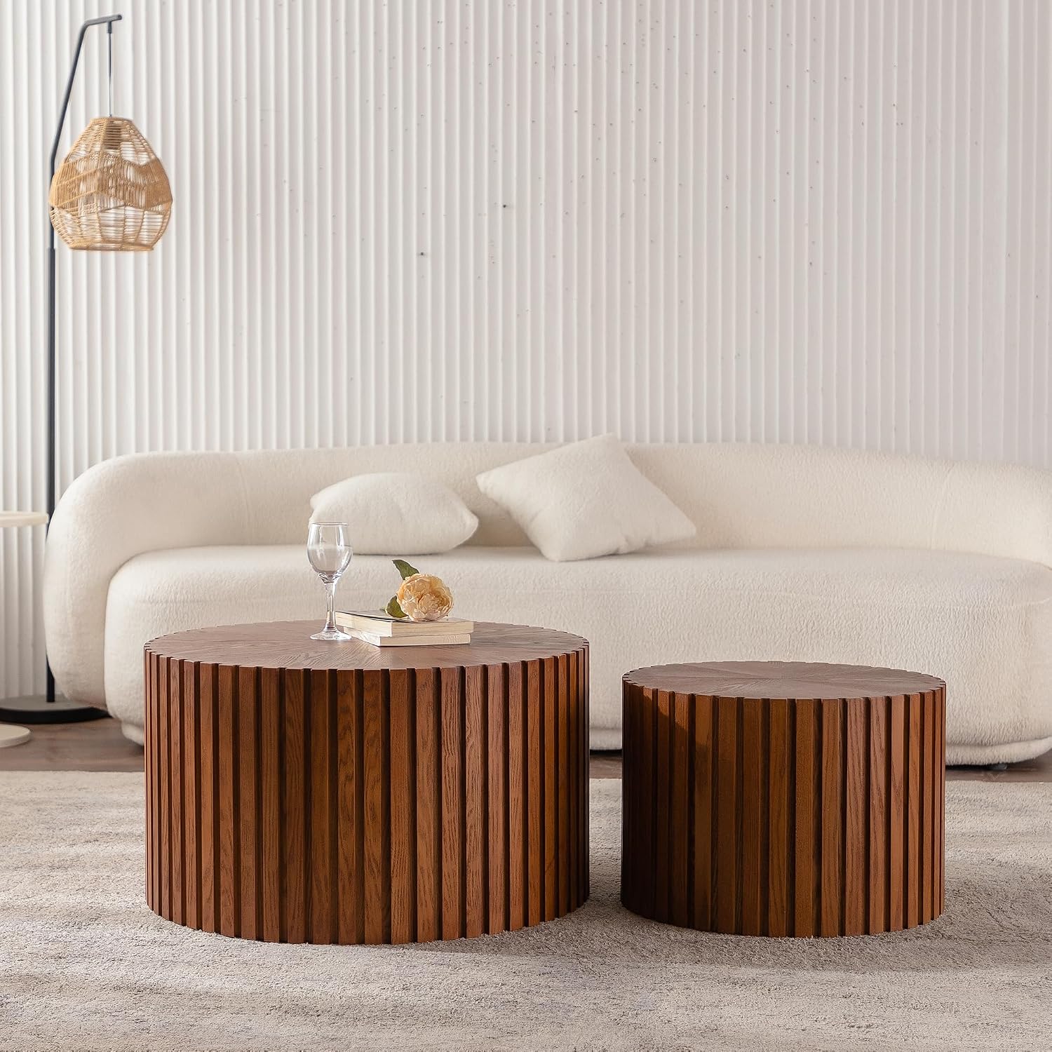 KEVINSPACE Nesting Coffee Table Set of 2 Circle CoffeeTable Modern NestingTables for Living Room Round Fluted Wooden CoffeeTabl No Need Assembly for Bedroom Balcony Lounge 47.25' Walnut