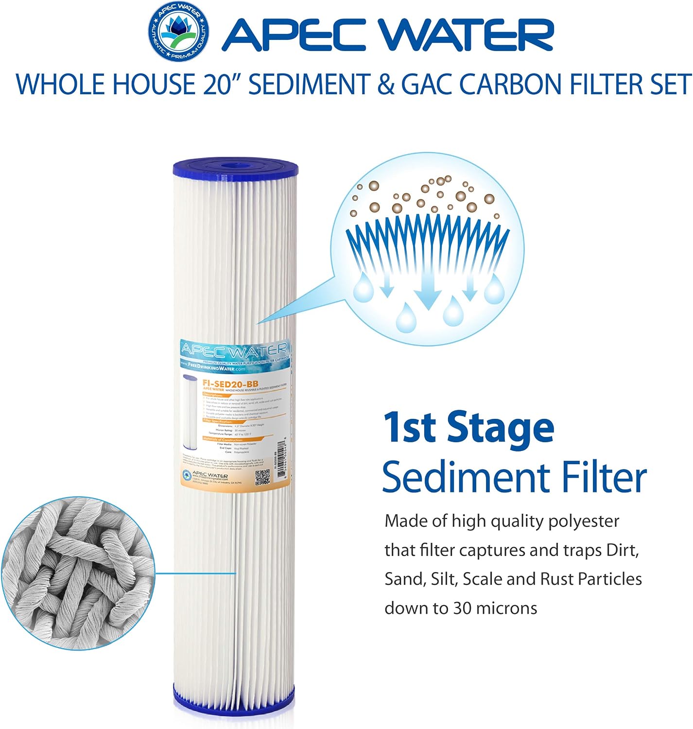 APEC Water Systems Filter-SET-CB2-20BB 20' Whole House Sediment and Carbon Replacement Filter Set, White
